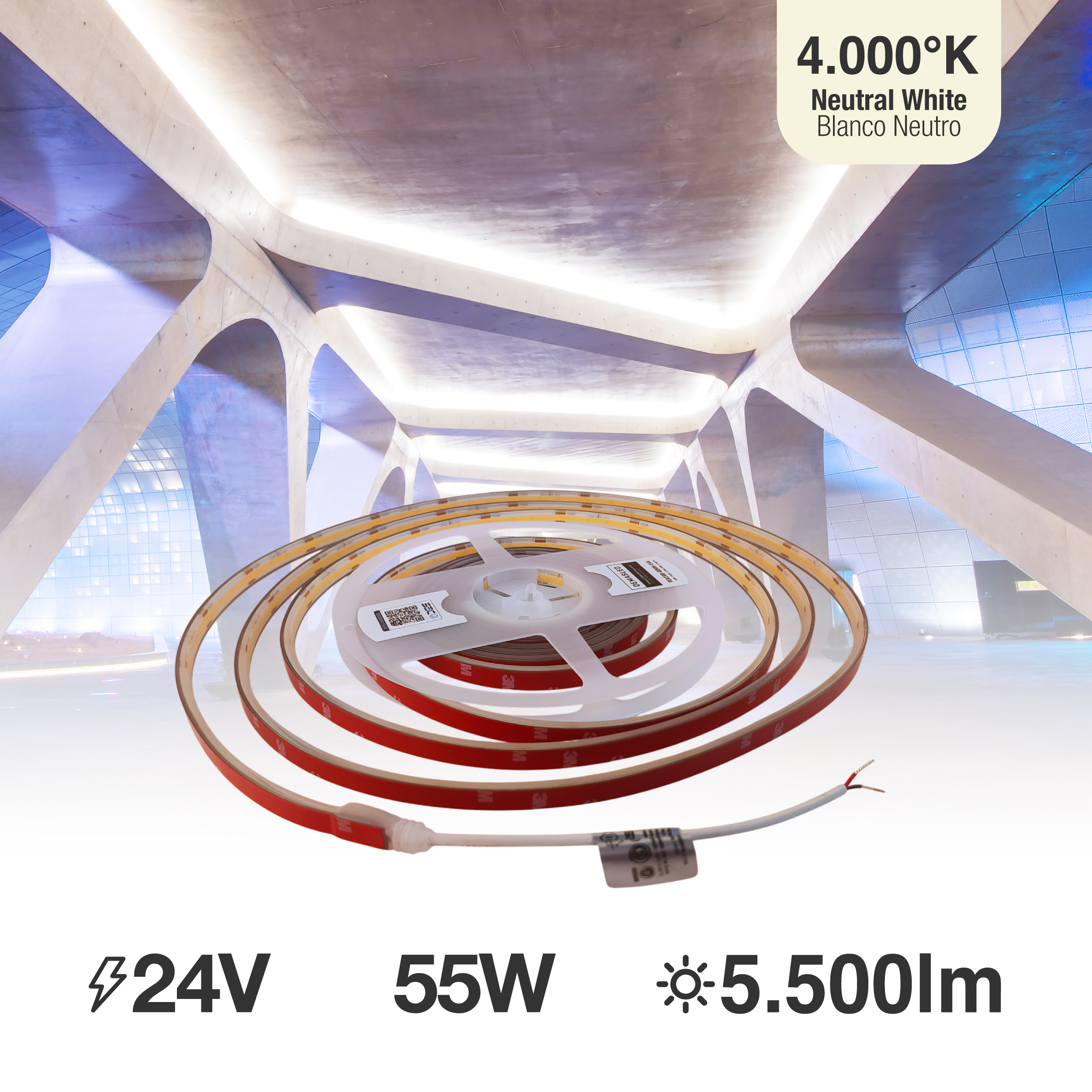 Tira LED COB 24V 11W/m Blanco Neutro 1100lm/m 480 LEDs/m 11mm IP68, 5m