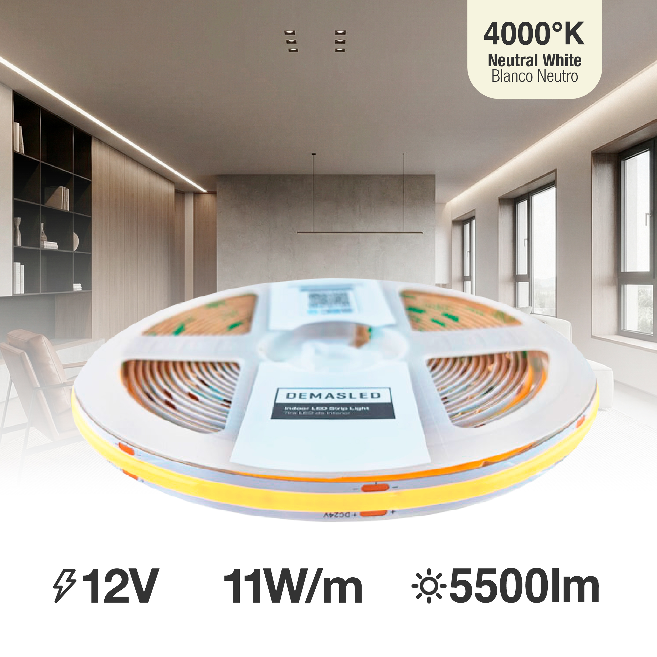 Tira LED COB 12V 11W/m, Blanco Neutro 1100lm/m 480 LEDs/m, 8mm, 5m