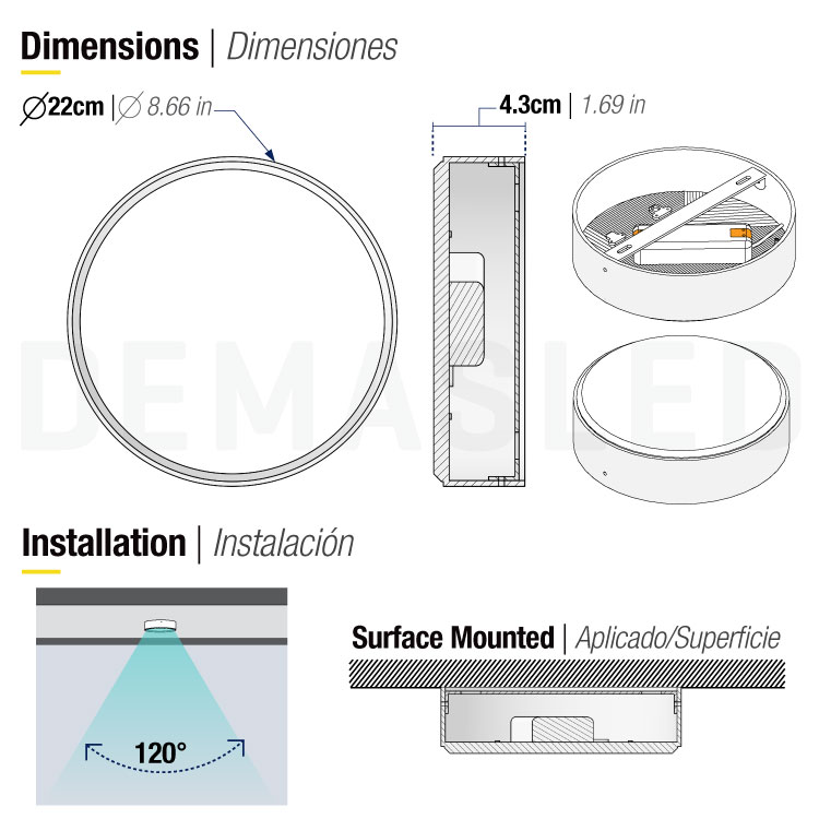 Plafón LED redondo FRAMELESS de 22cm, 42W 3570lm Frío, de aplicar