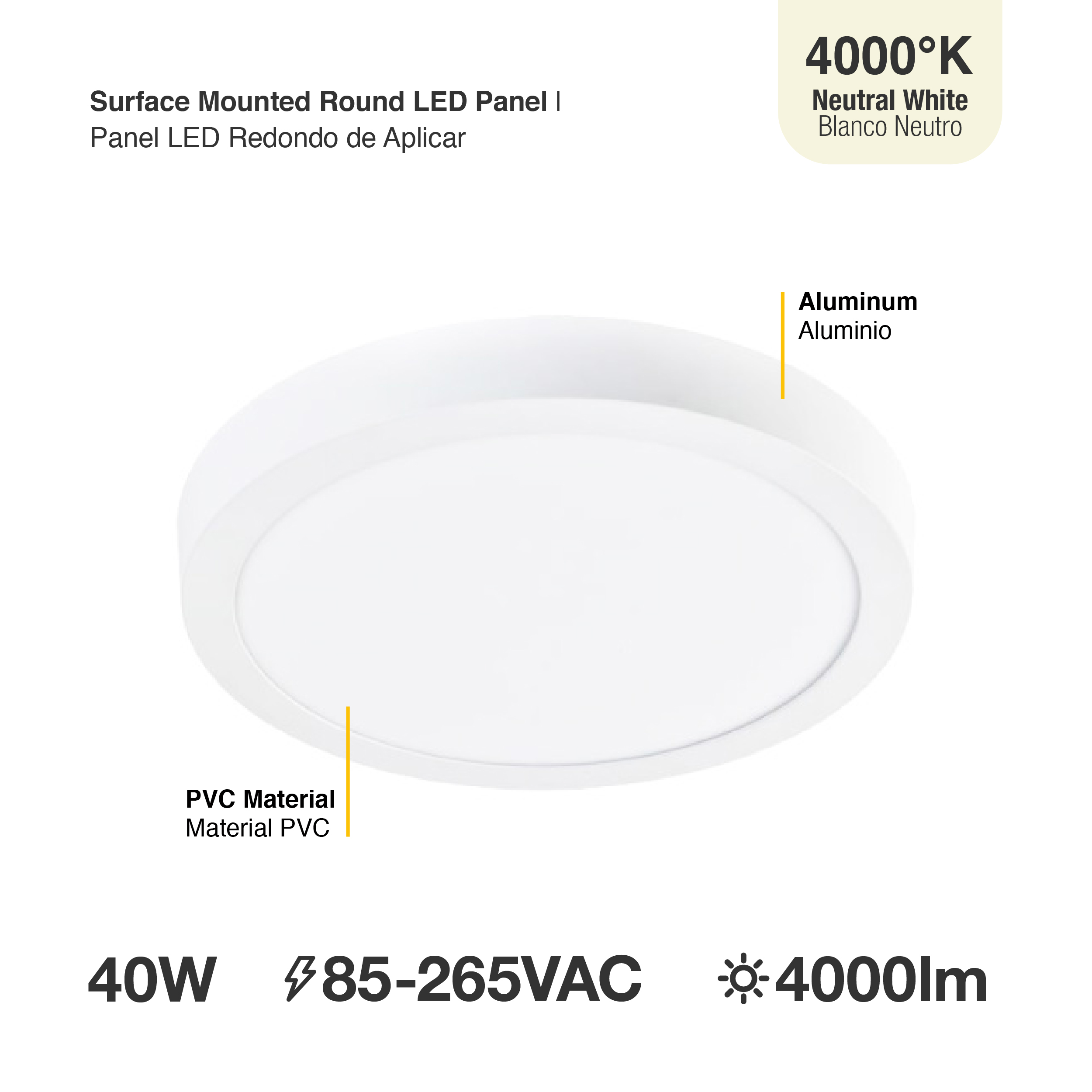 Panel LED Redondo 60cm, 40W, blanco Neutro, Aplicar
