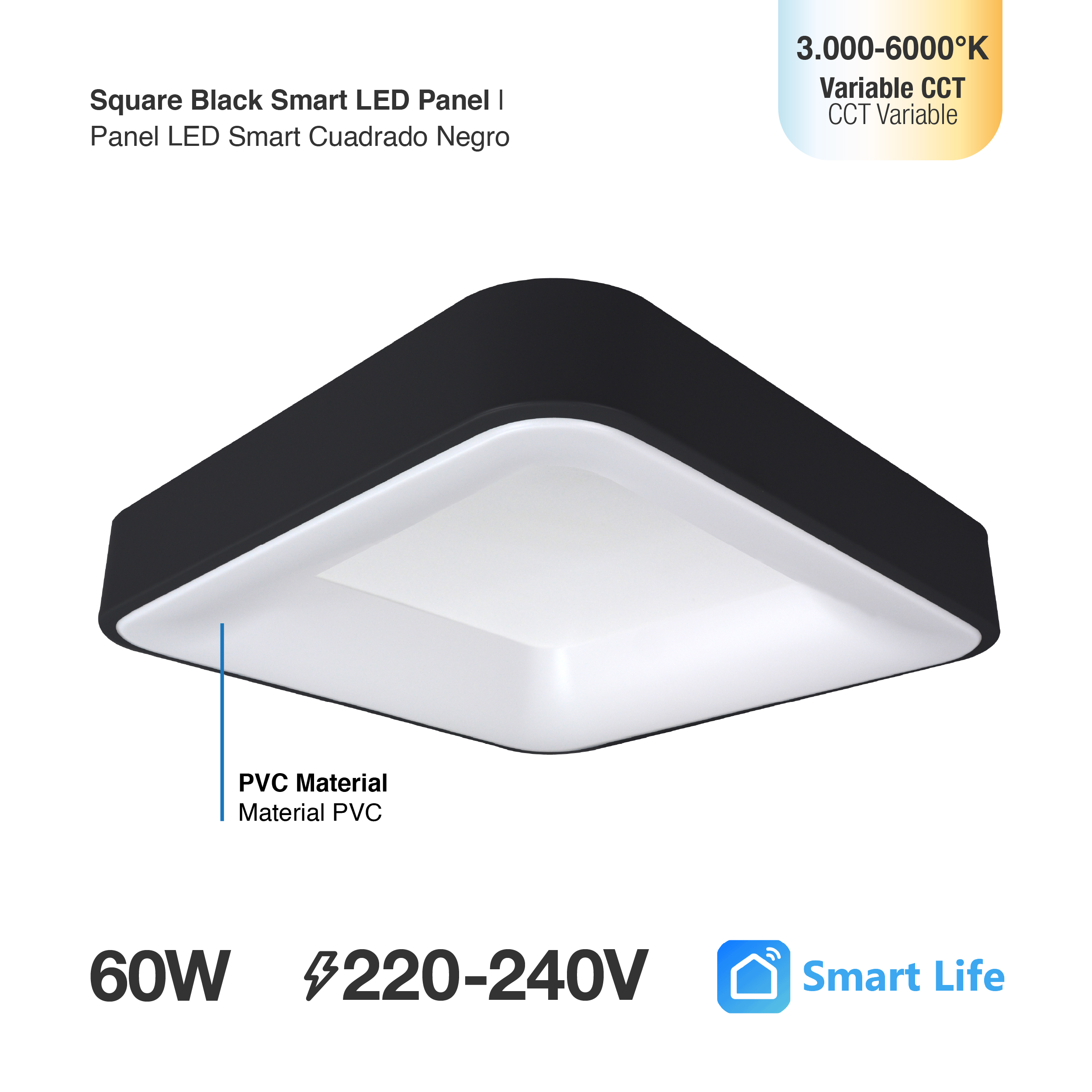 Panel LED Smart Cuadrado Negro 60x60x9cm 60W 270mA CCT, de Aplicar