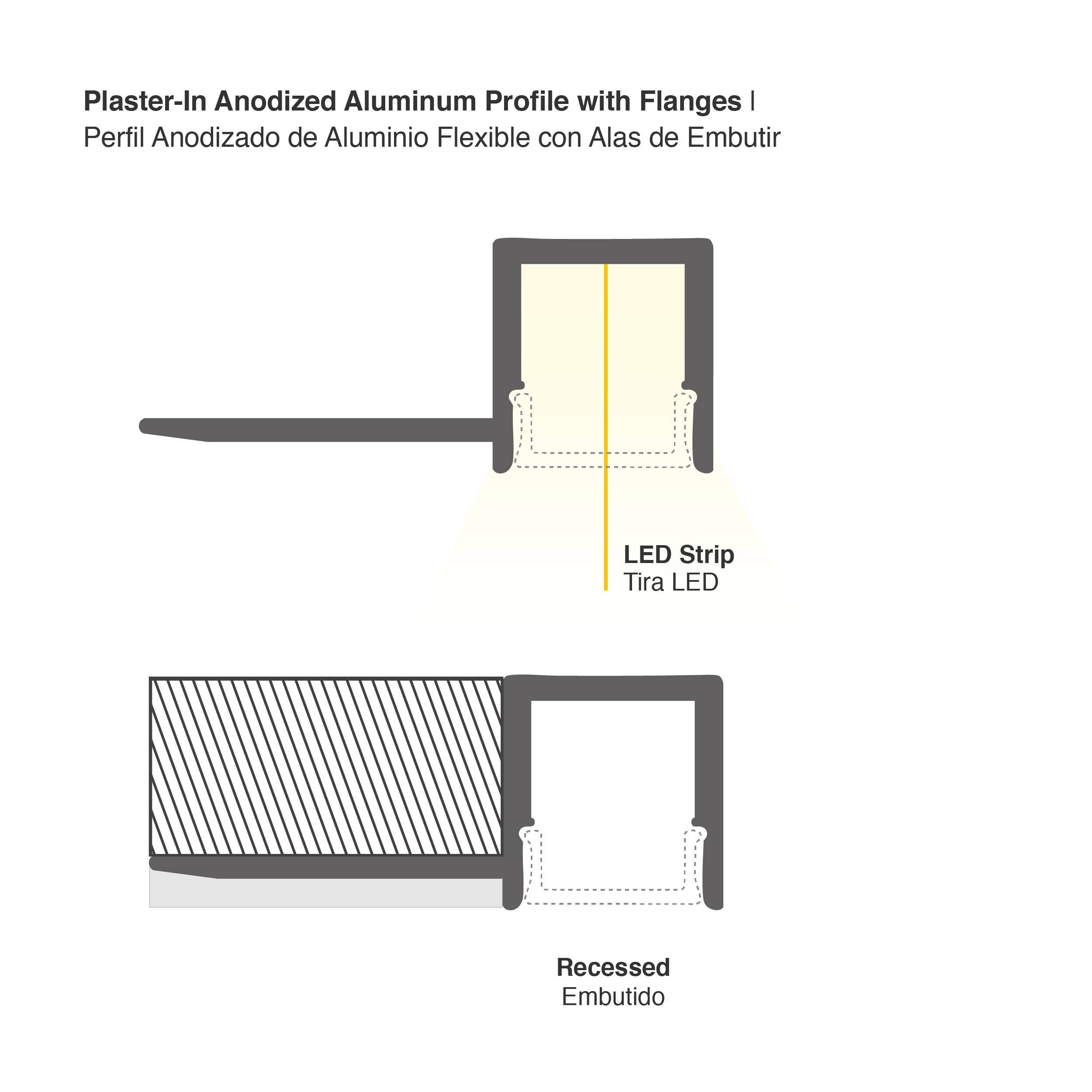 Perfil de Aluminio Flexible con Alas de Embutir 32,8x13,3mm Anodizado, Cover Opal Blanco x2m