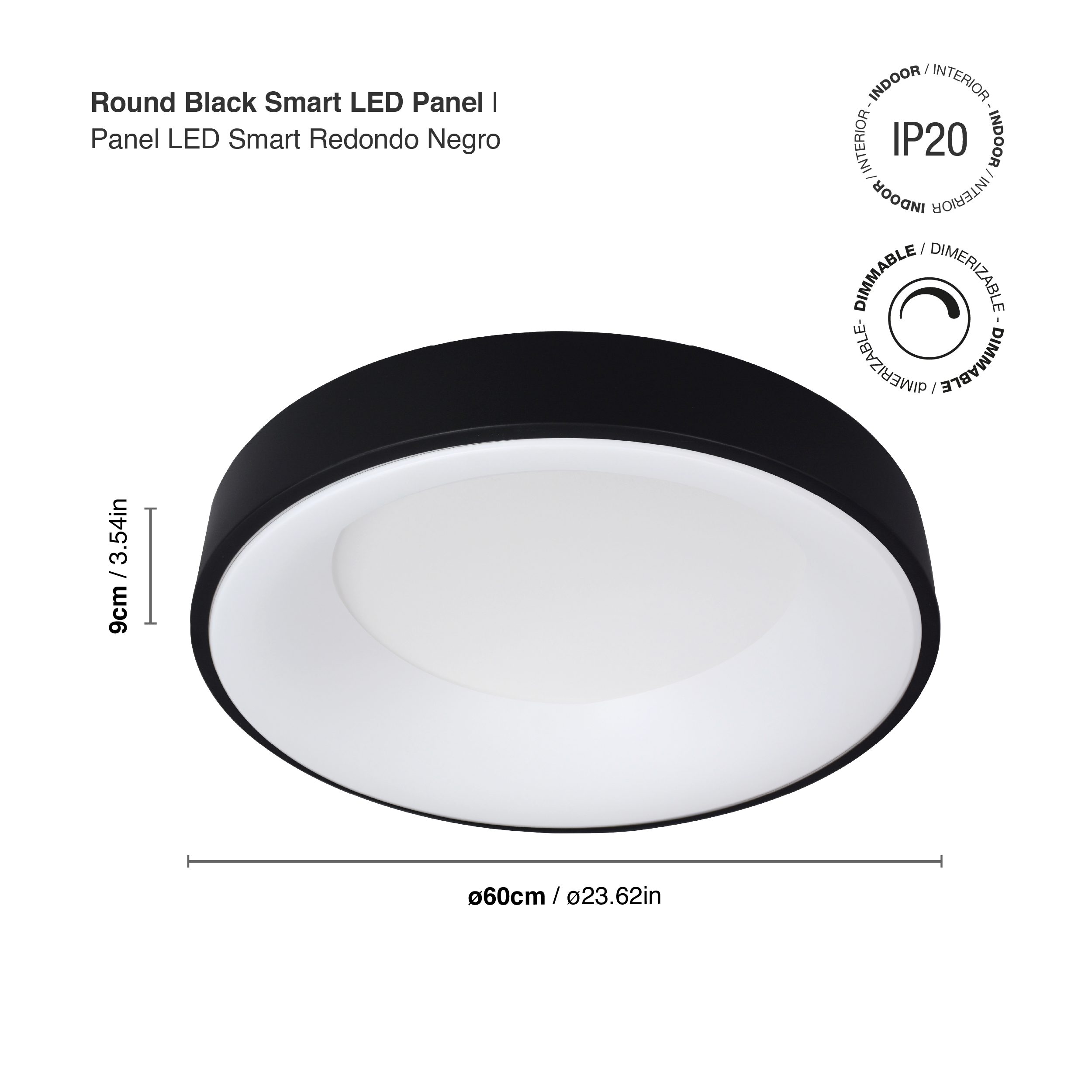 Panel LED Smart Redondo Negro Ø60x9cm 60W 270mA CCT, de Aplicar