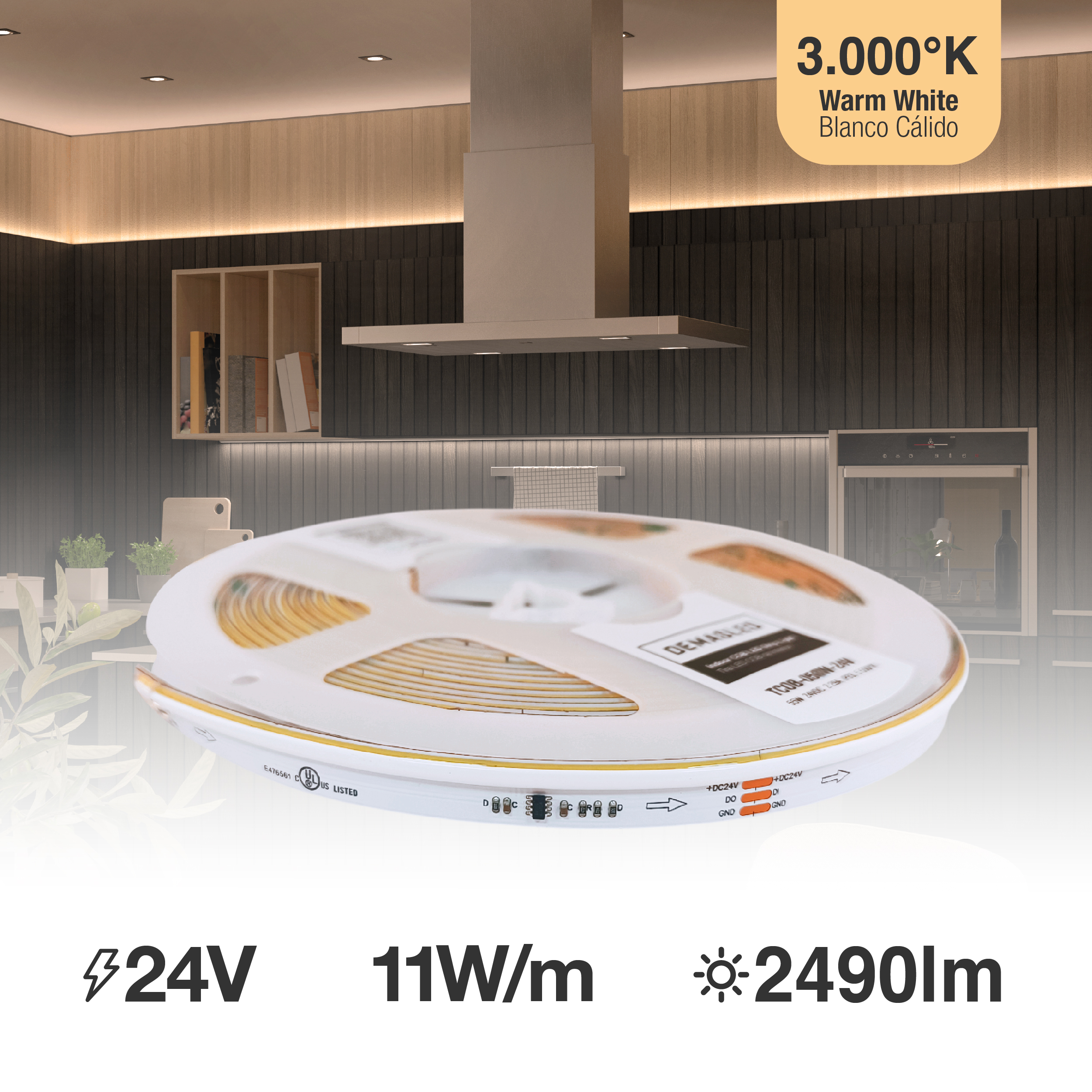 Tira LED COB Programable IC Pixel 24V 11W/m Blanco Cálido 3000°K, 10mm PCB x5m
