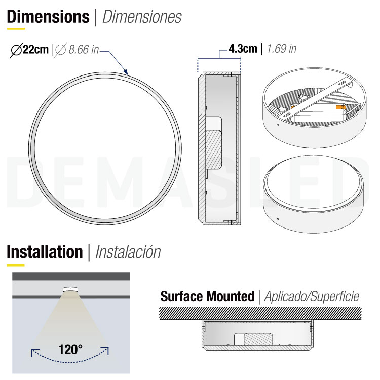 Plafón LED Redondo FRAMELESS de 22cm 42W 3570lm Blanco Neutro, De Aplicar