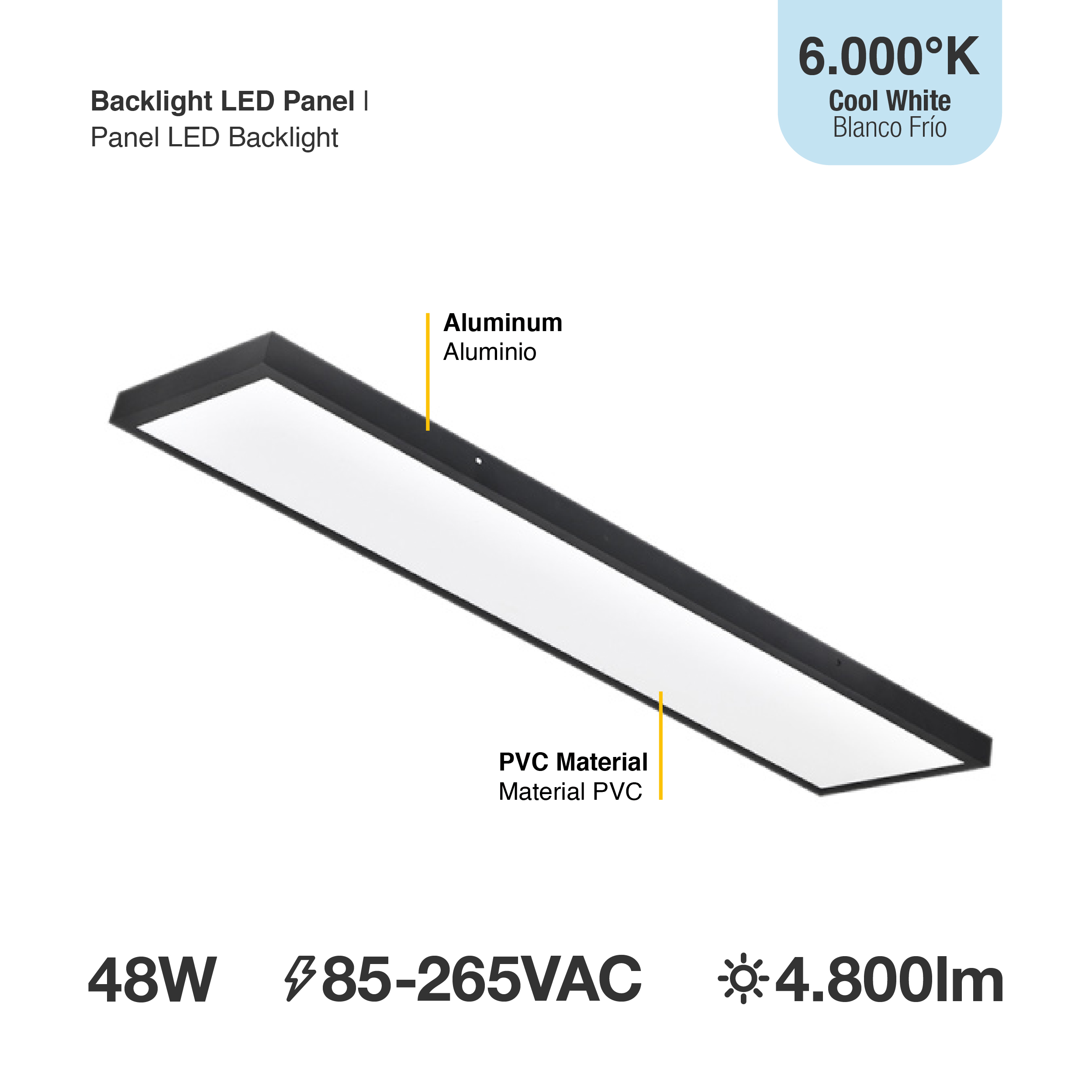 Panel BACKLIGHT LED Negro 48W, 30 x 120cm, blanco Frío Aplicar