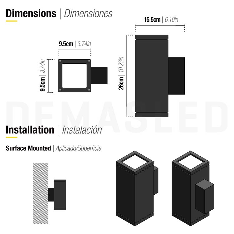 Aplique Bidireccional para Lámparas GU10, Negro, 26x9x15cm