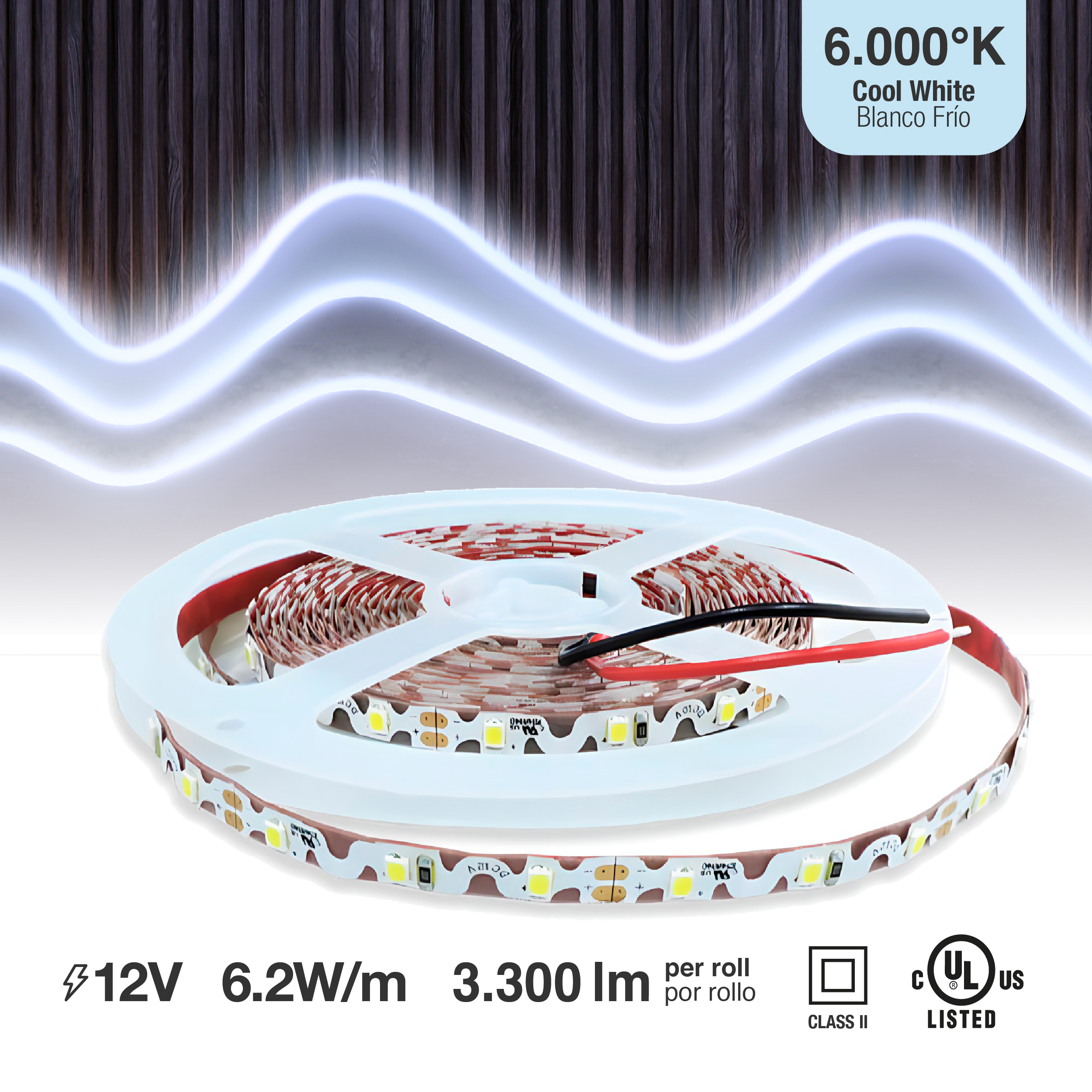 Tira LED Zig-Zag SMD2835, 12V 6.2W/m Frío 660 lm/m 60 LEDs/m, 5m