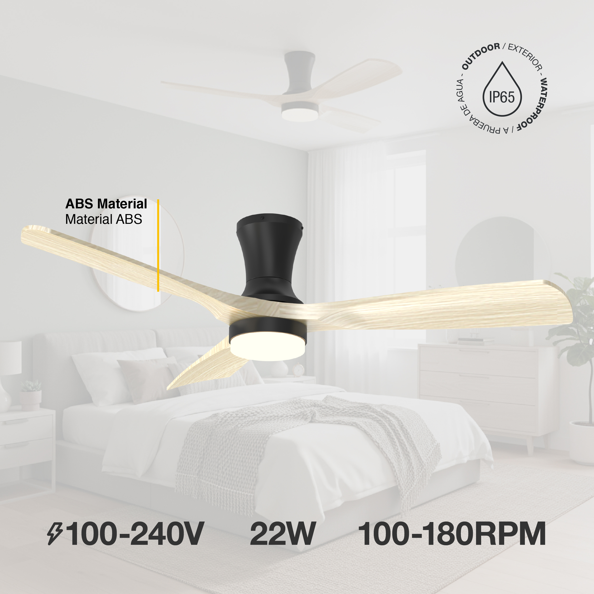 Ventilador de Techo Smart LED CCT 3000K-6000K Ø130cm Madera Clara 22W IP65 con Control Remoto