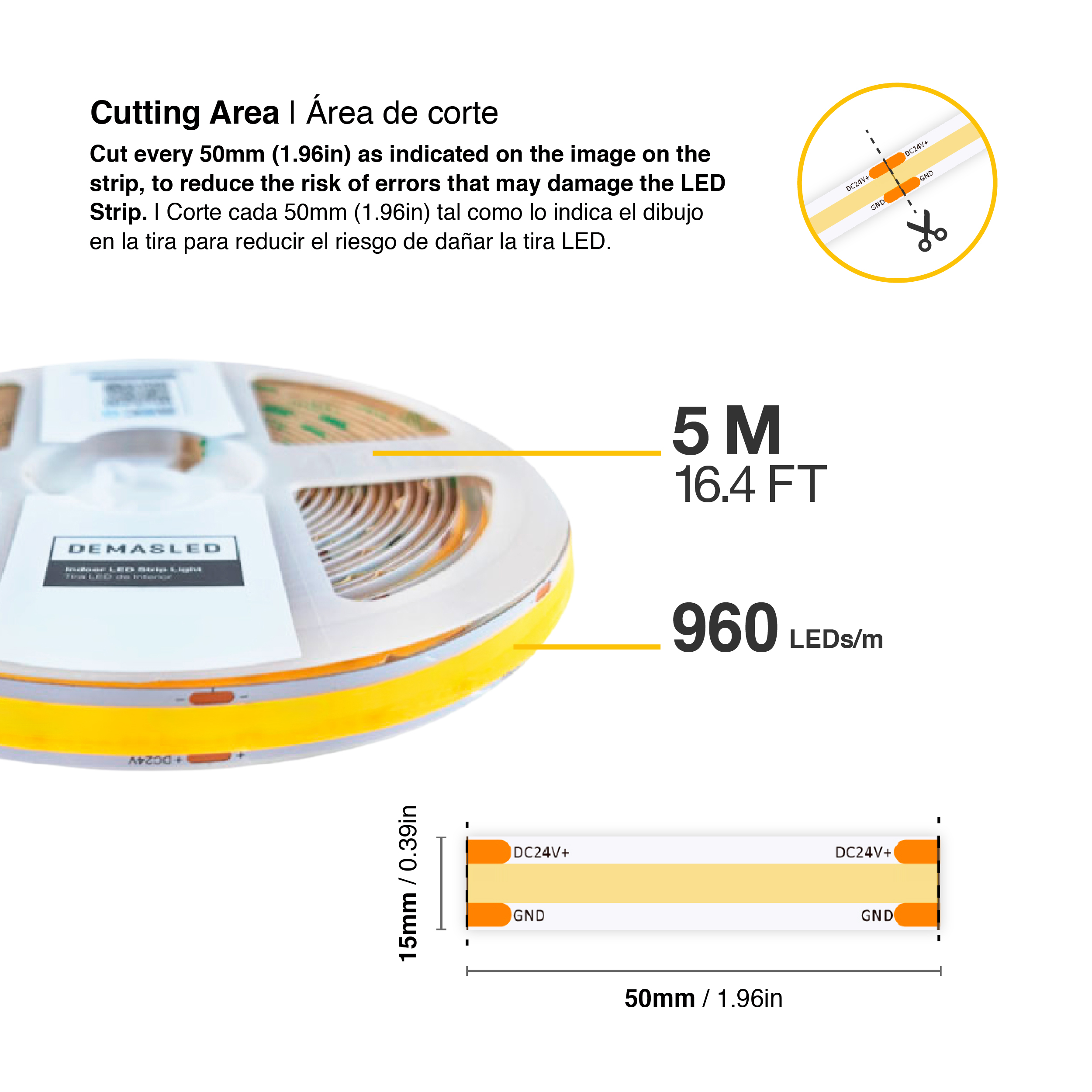 Tira LED COB 24V 25W/m Blanco Cálido 2500lm/m 960 LEDs/m, 15mm PCB IP33 x5m