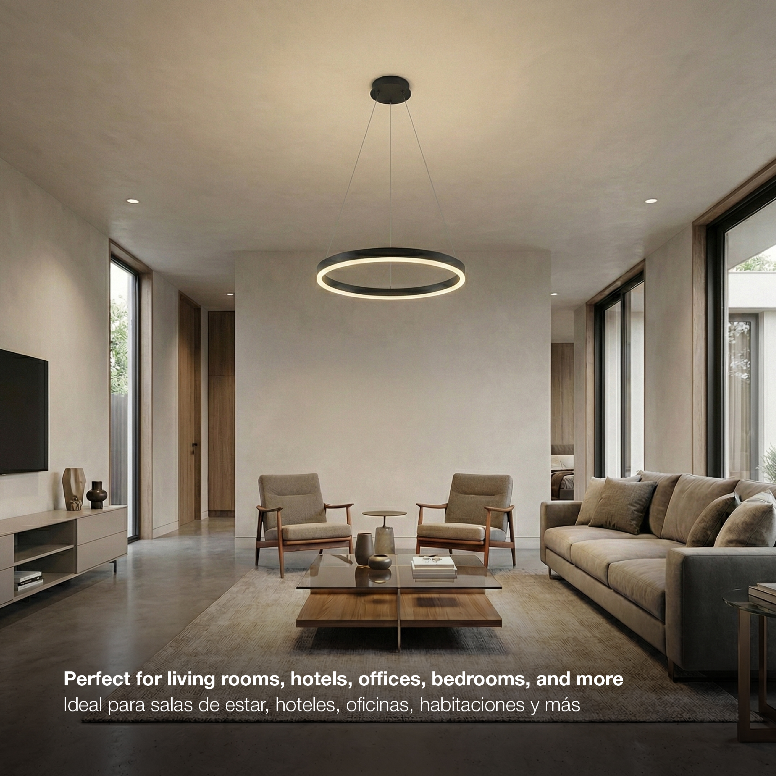 Lámpara LED Suspendida Aro Negro Ø80cm, 48W Blanco Cálido 3000K, 3264lm