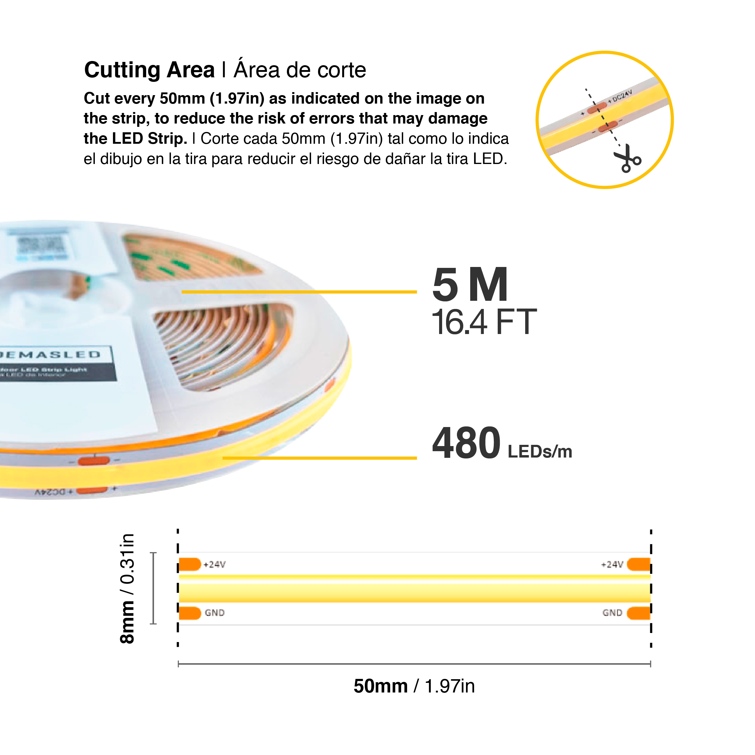 Tira LED COB 12V 11W/m, Blanco Neutro 1100lm/m 480 LEDs/m, 8mm, 5m
