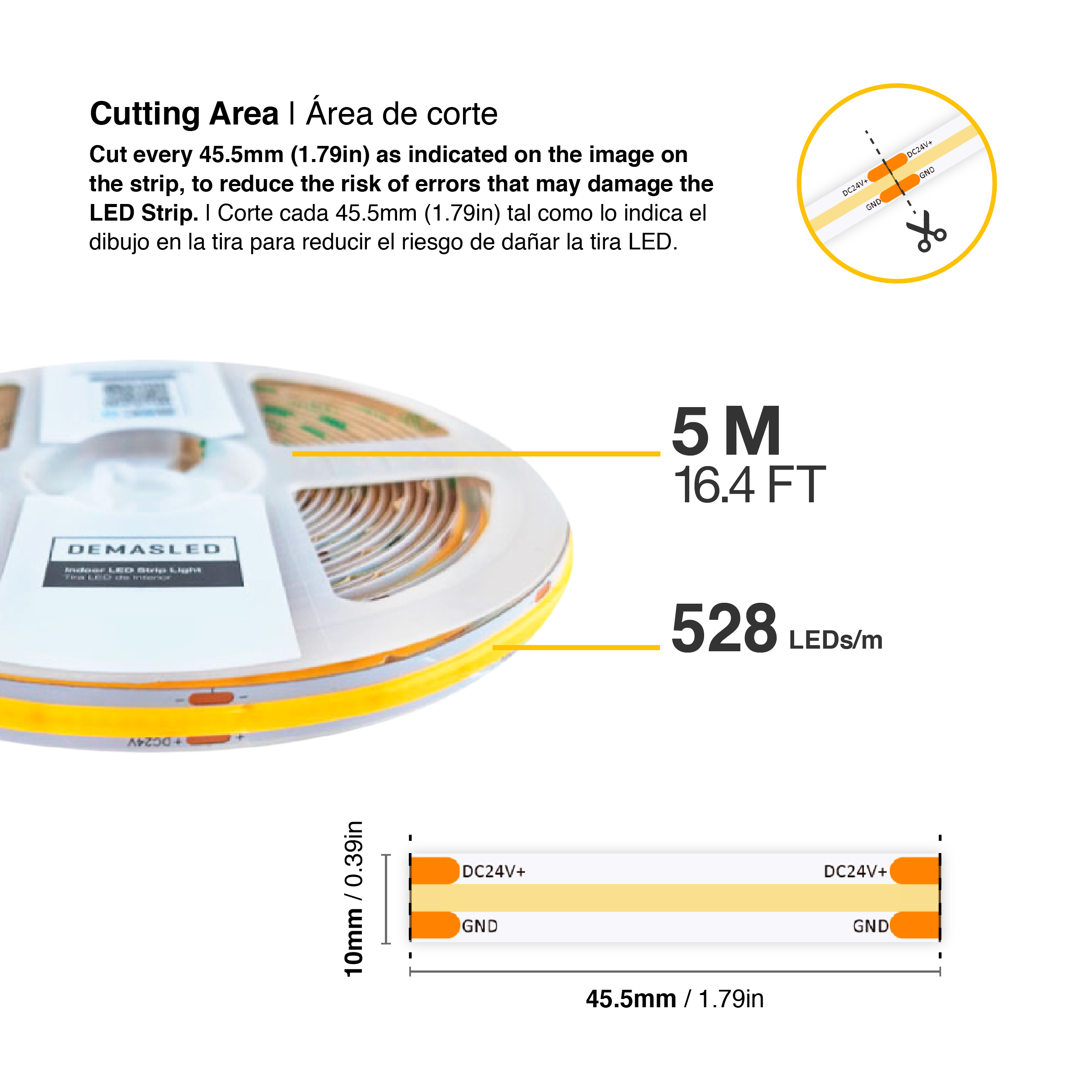 Tira LED COB 24V 15W/m Blanco Cálido 1500lm/m 528 LEDs/m, 10mm PCB IP33 x5m
