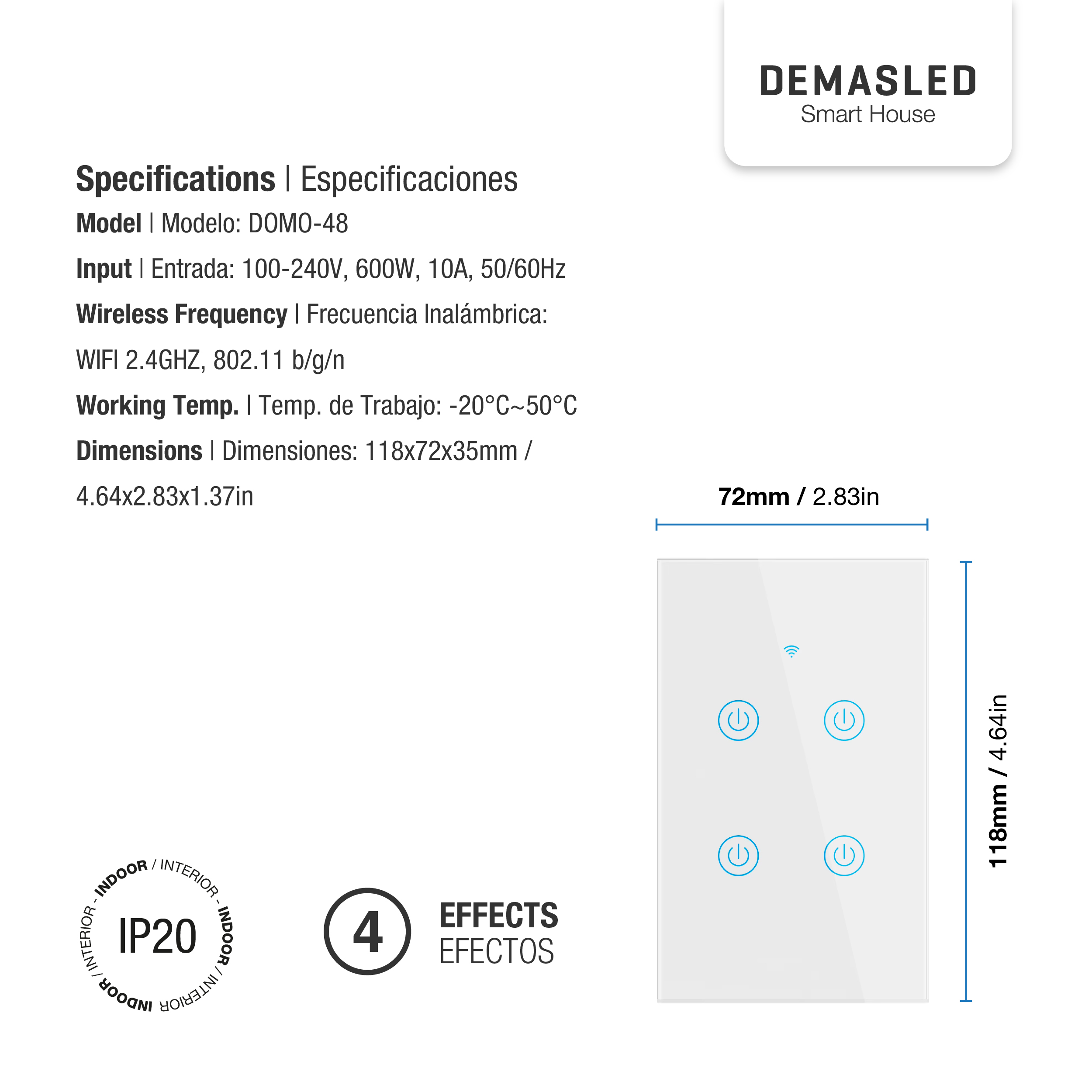 Tecla Smart de Pared Táctil 4 Canales 600W Blanco 