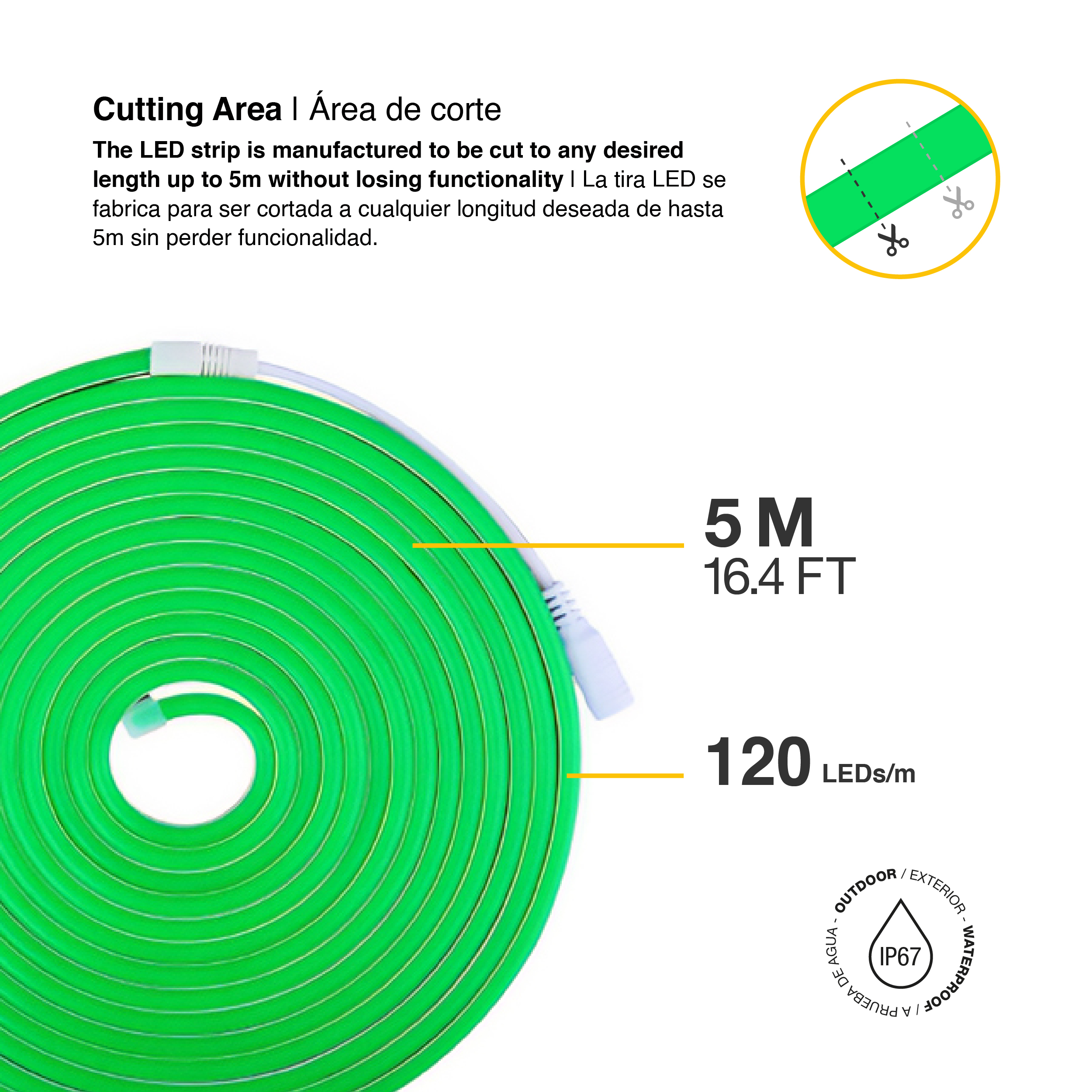 Tira LED de Neón SMD2835 IP67 12V 6W/m Verde 120 LED/m 5m