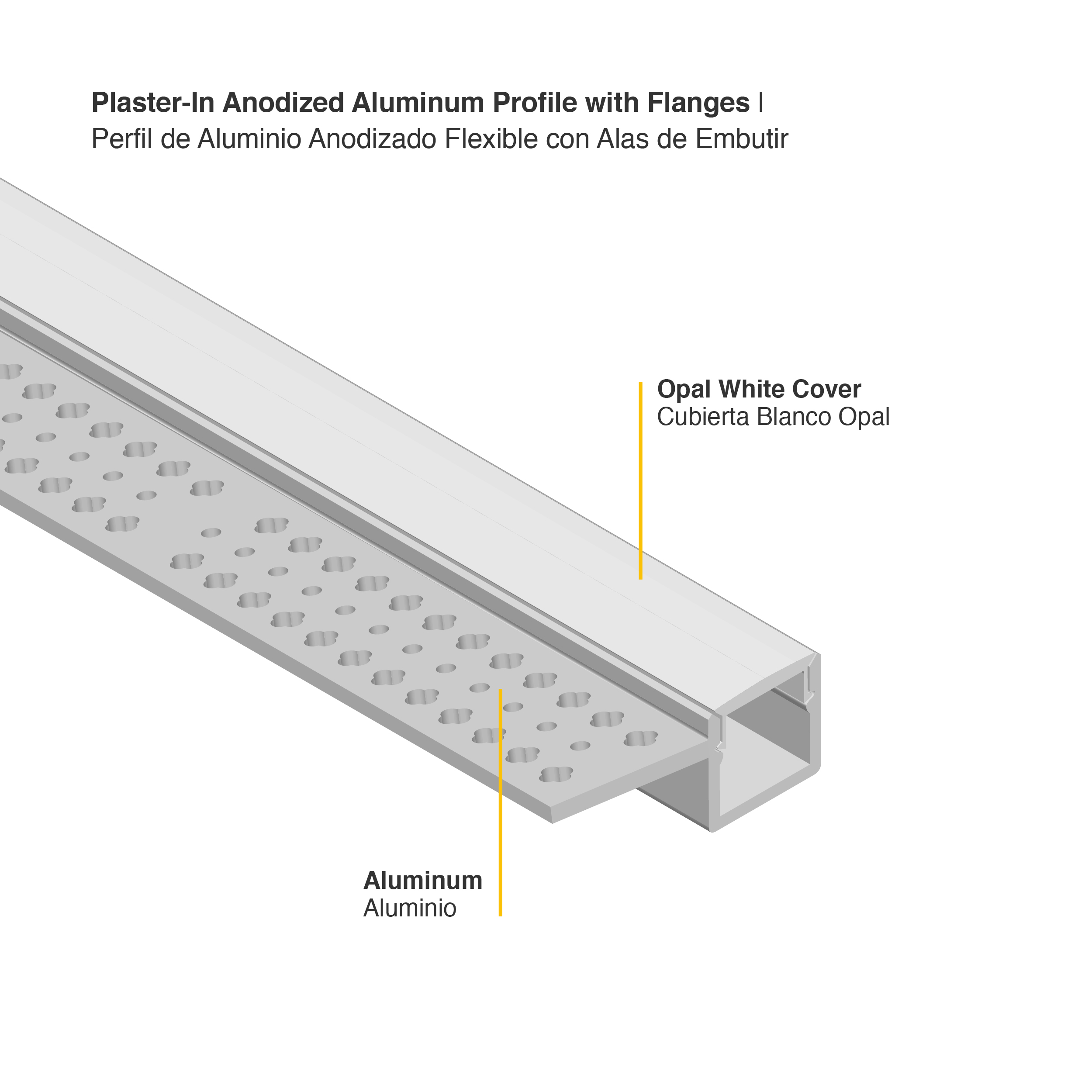 Perfil de Aluminio con Ala de Embutir 35x15mm Anodizado, Cover Opal Blanco x1m