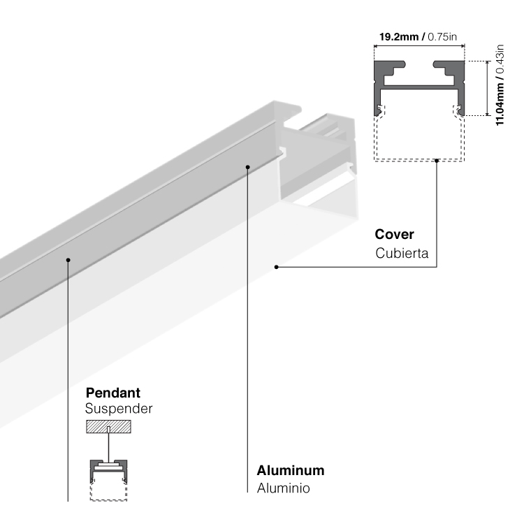 Perfil de Aluminio Linear 19x11mm Anodizado, Cover Opal Blanco Cuadrado x2m