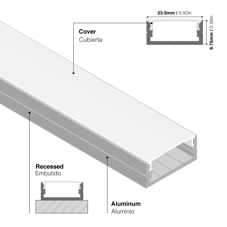 Perfil de Aluminio Flat 23x10mm Anodizado, Cover Opal Blanco x2m