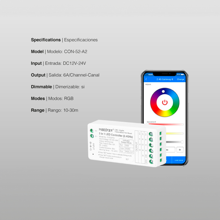 Controlador LED 3 en 1 RGB/RGBW/RGB+CCT Mi-Light 12-24V 12A 2.4GHz