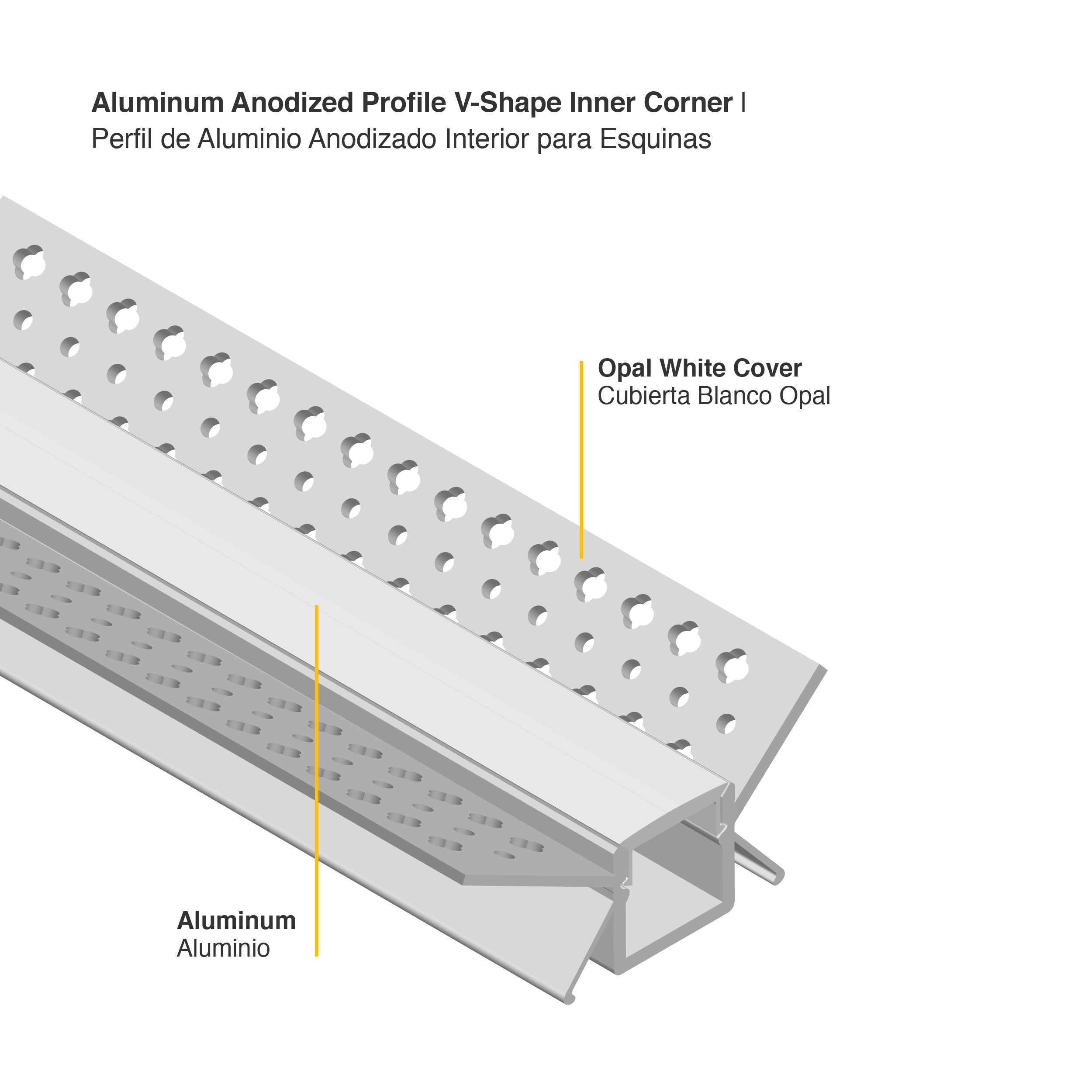 Perfil de Aluminio Esquina Interior de Embutir 50x25,3mm Anodizado, Cover Opal Blanco x2m