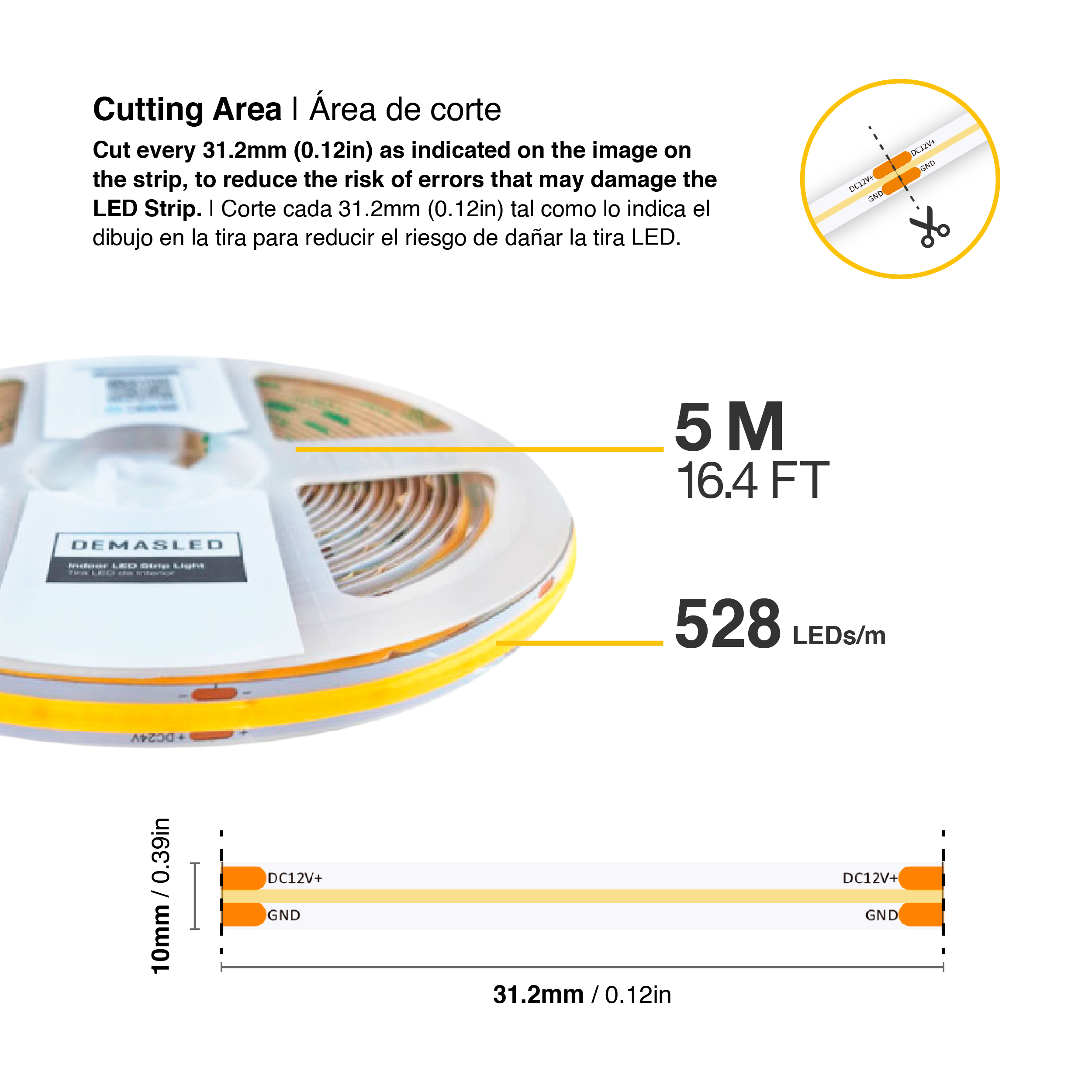 Tira LED COB 24V 15W/m Blanco Cálido 1500lm/m 528 LEDs/m, 10mm PCB IP33 x5m