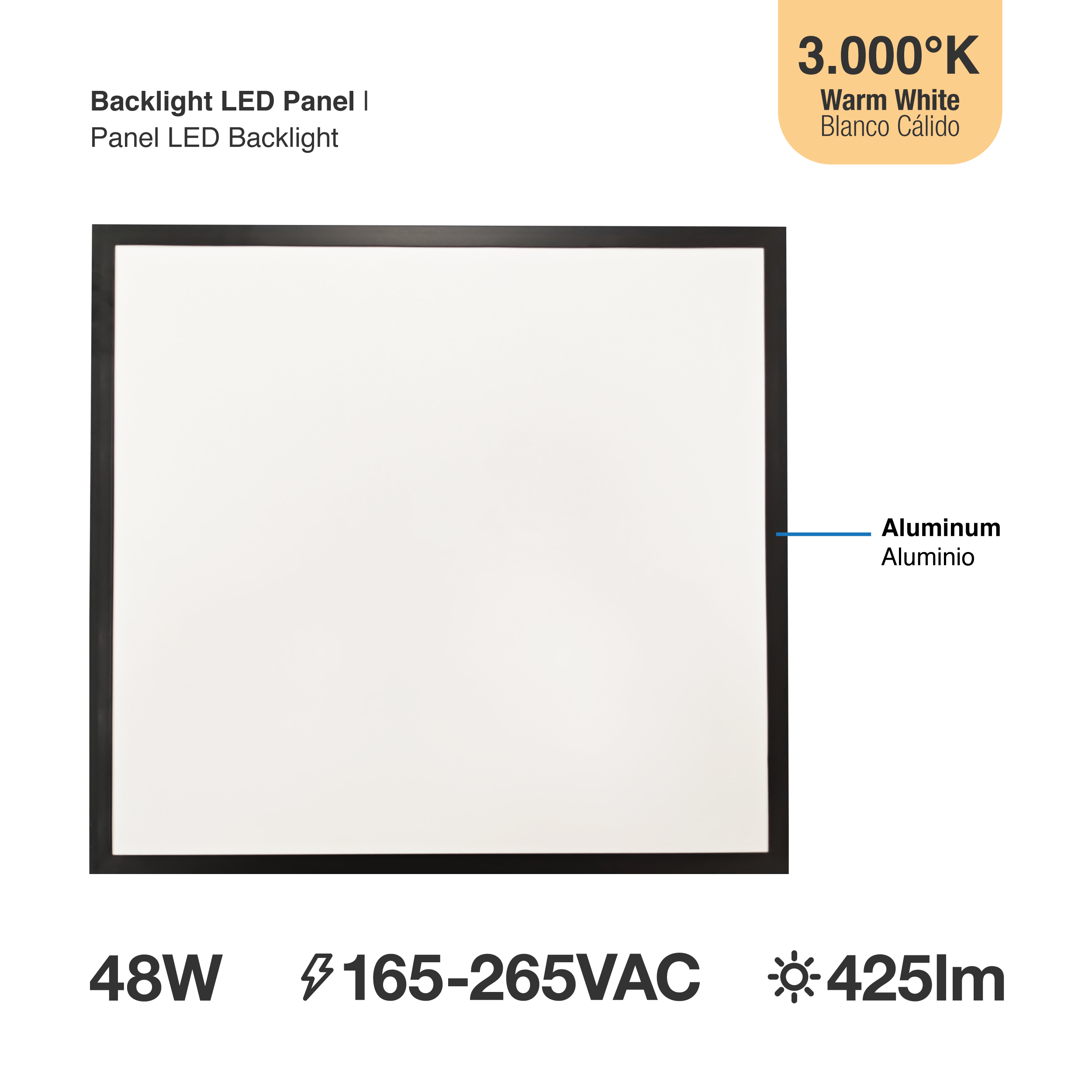 Panel LED BACKLIGHT de 60x60x3.8cm Negro 48W 4800lm Blanco Cálido 3.000K, Aplicar