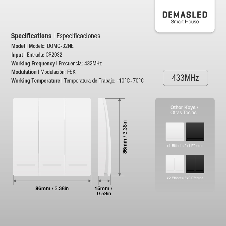 Tecla inalámbrica  RF, 3 Efectos Smart House, Blanco