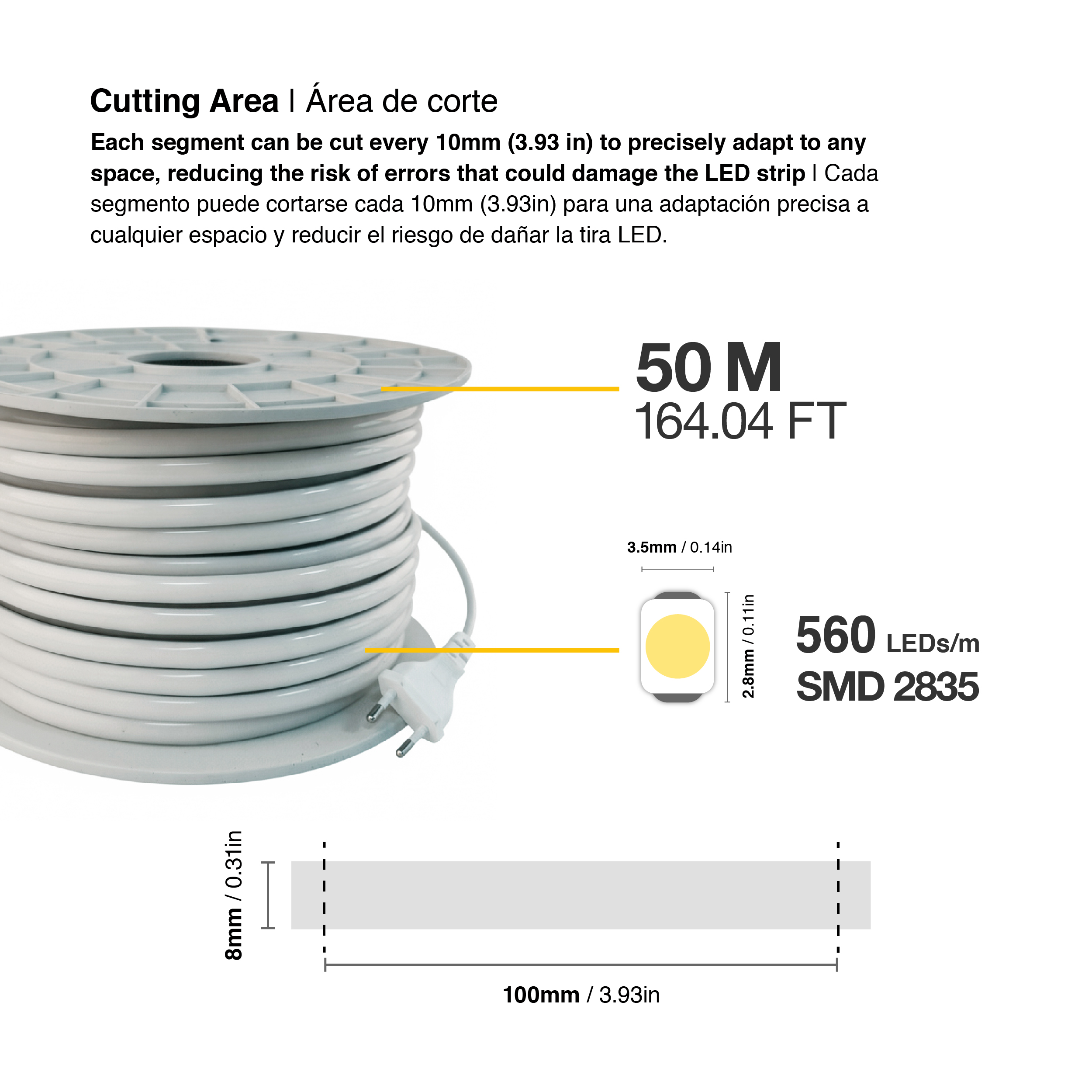 Tira LED COB IP67 220-240V, 400W Blanco Frío 6500K 560LEDs/m, 50m