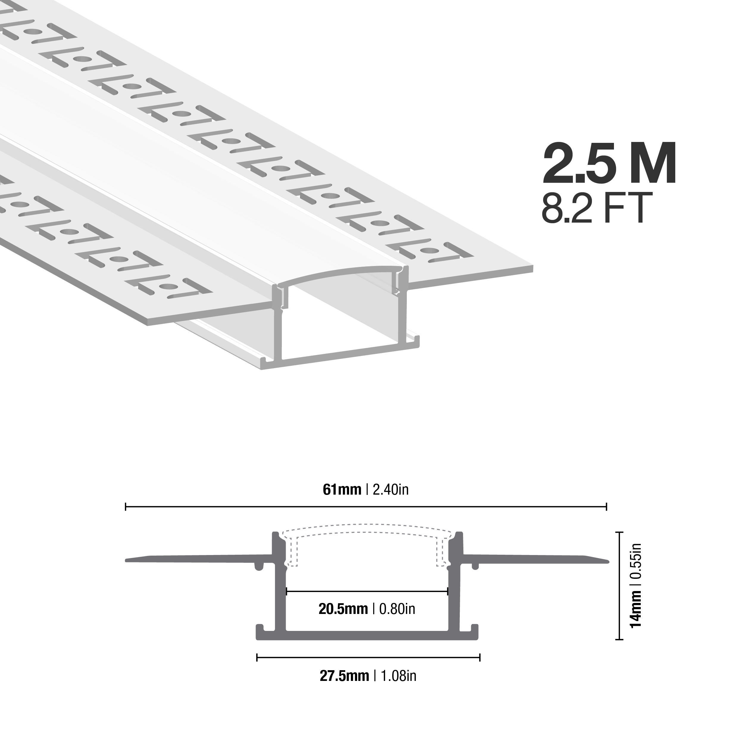 Perfil de Aluminio de Embutir 61x14mm Anodizado, Cover Opal Blanco x2,5m