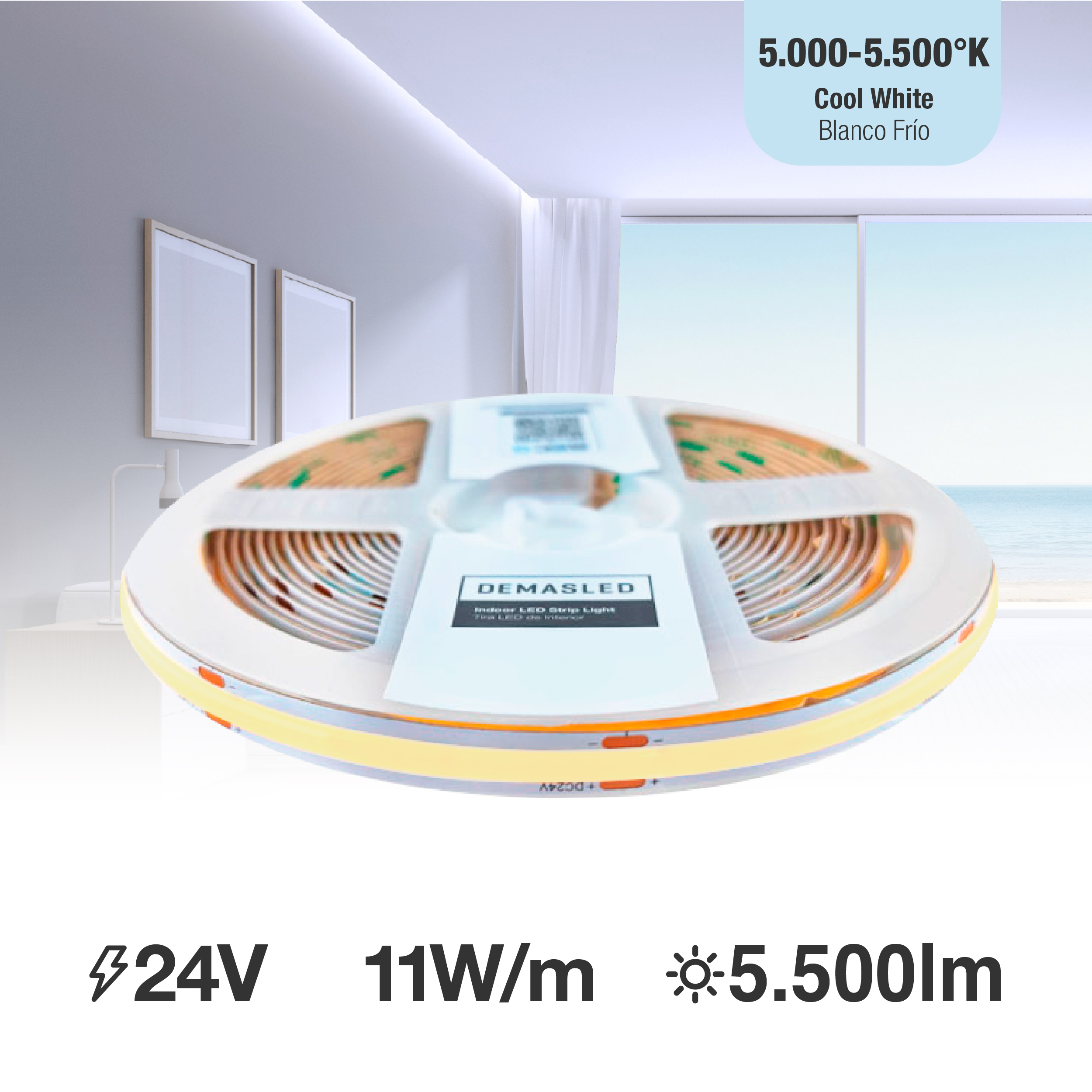 Tira LED COB 24V 11W/m, Blanco Frío 1100lm/m 480LEDs/m, 8mm, 5m