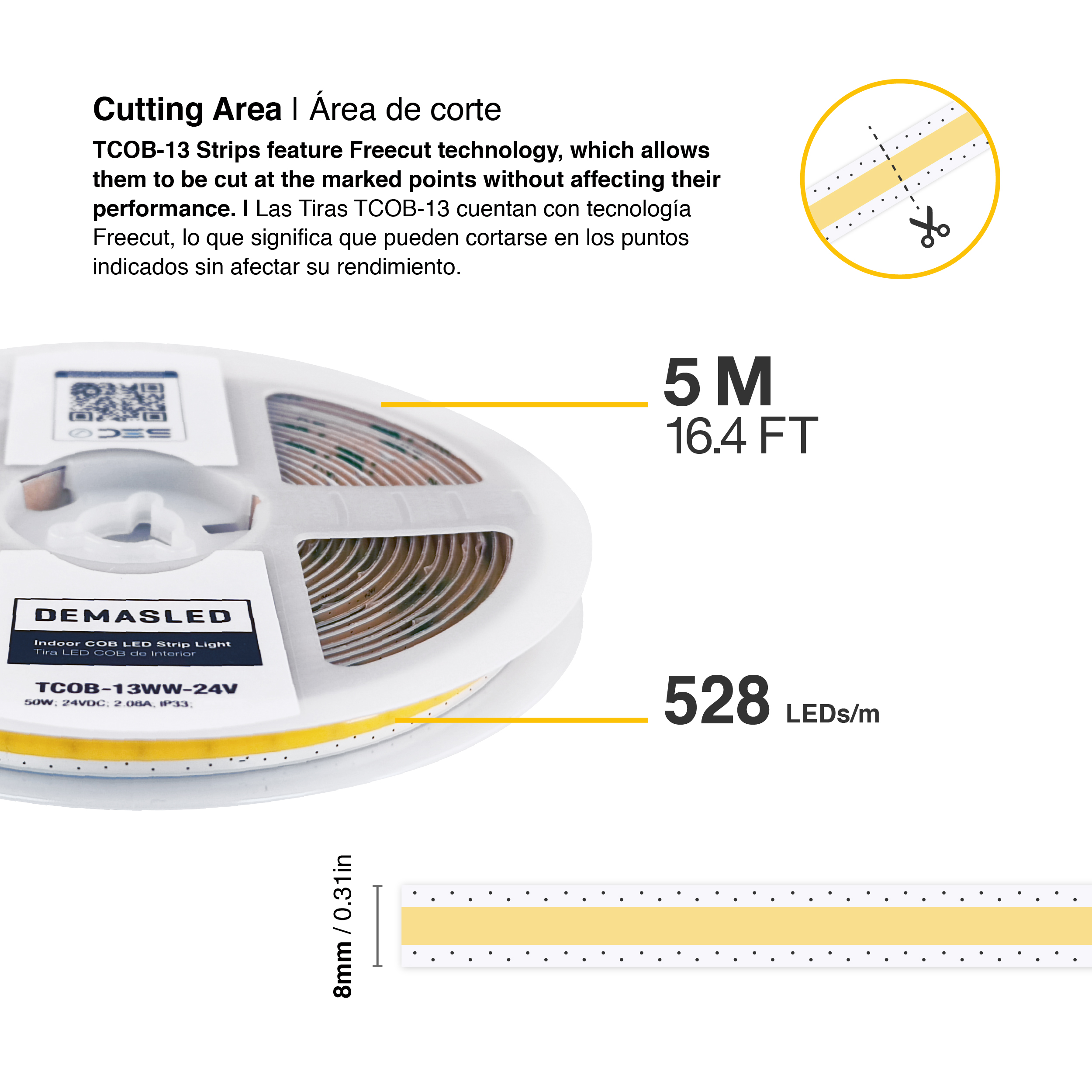 Tira LED COB Freecut 24V 10W/m Blanco Cálido 850lm/m 528LEDs/m, 8mm PCB IP33 x5m