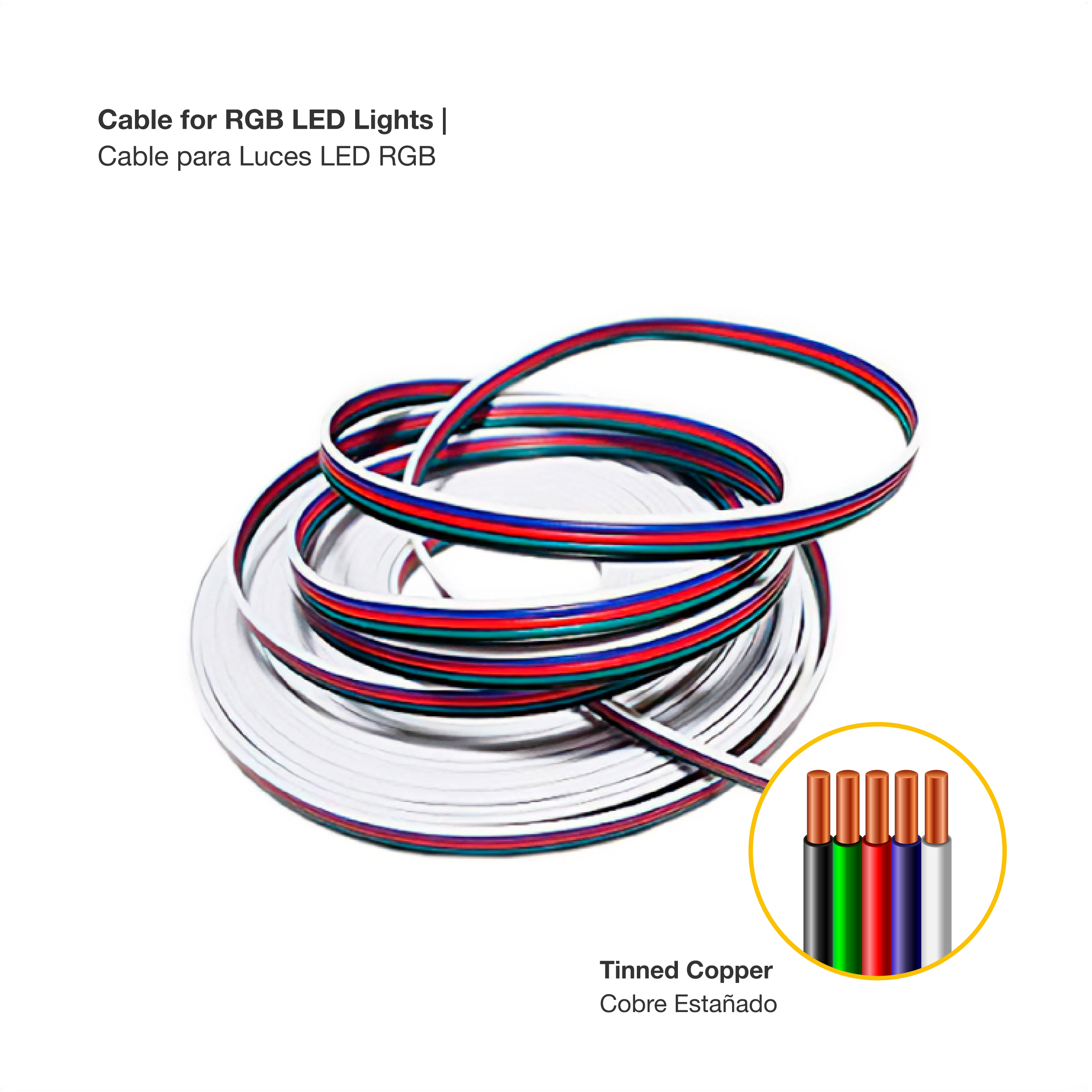 Cable 5 polos de 0.6mm RGBW - 5x0.6mm (22AWG) - 48V Máx. x10m