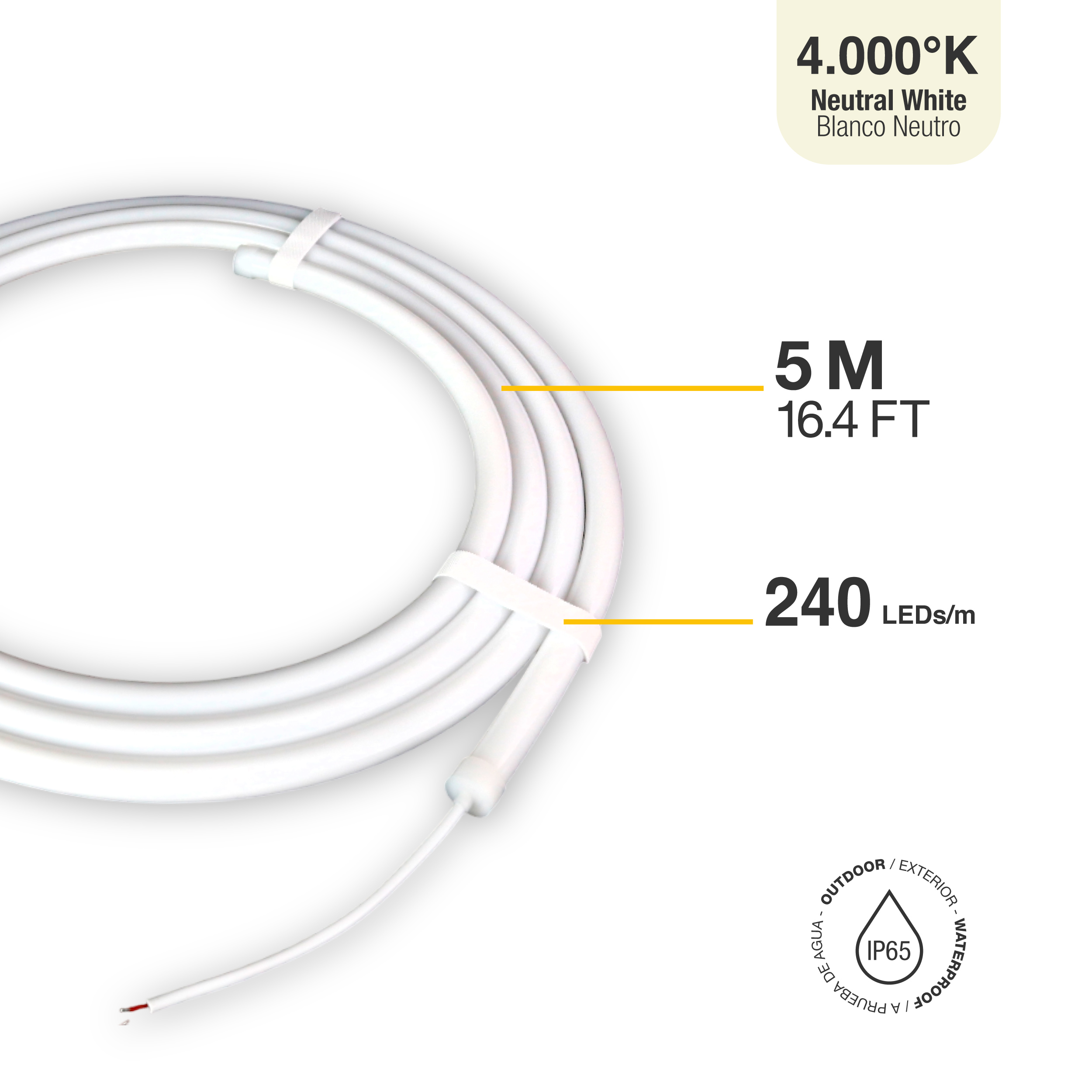 Tira LED SMD2835 con recubierta de Silicona, 24V 24W/m, Blanco Neutro 4000K 120 LEDs/m, 5m