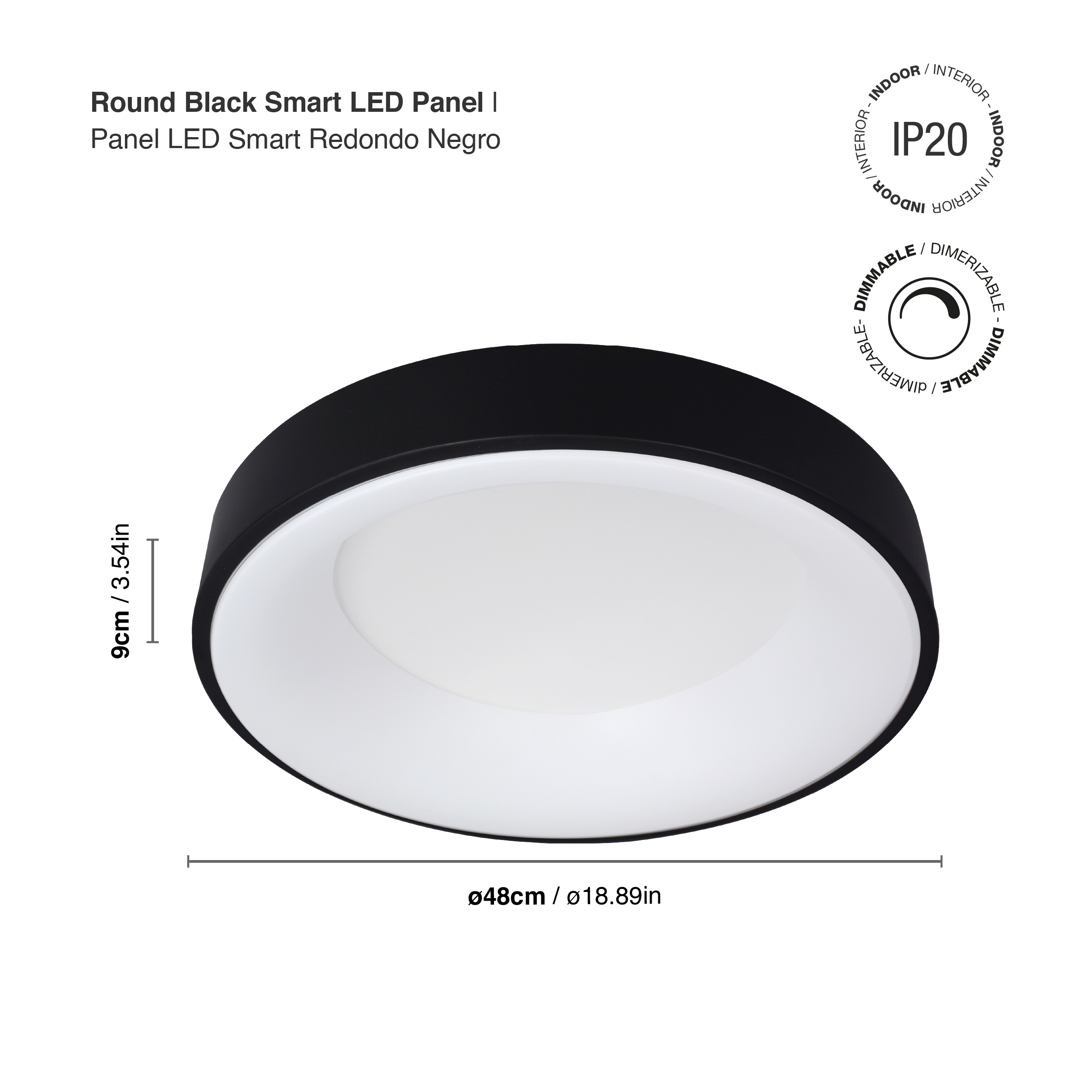 Panel LED Smart Redondo Negro Ø48x9cm 48W 210mA CCT, de Aplicar