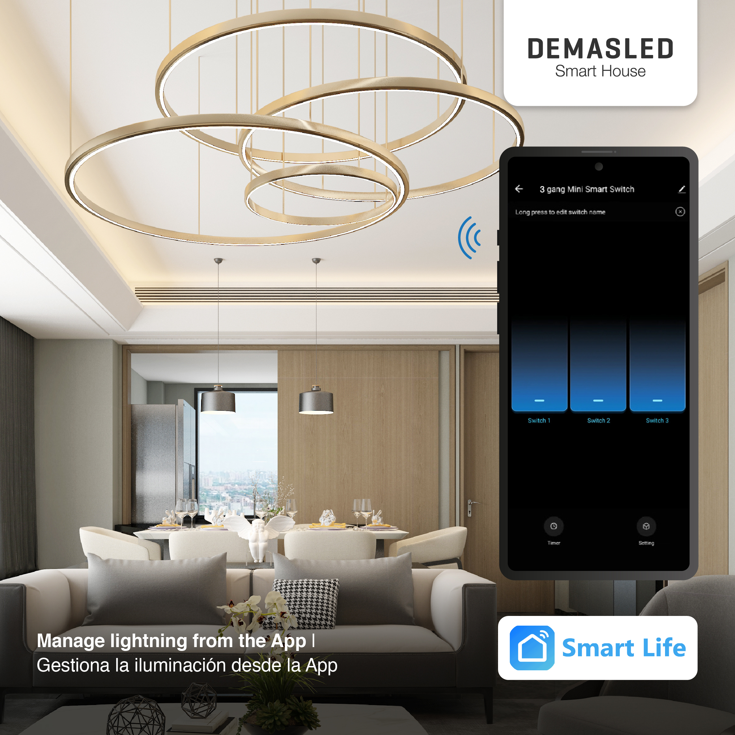 Mini Smart Switch WiFi+RF 3 Canales, 100-240Vac 50-60Hz 10A max 2.4GHz