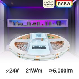 Tira LED COB 24V 21W/m RGB+Blanco Neutro 784 LEDs/m, 10mm PCB IP33 x5m