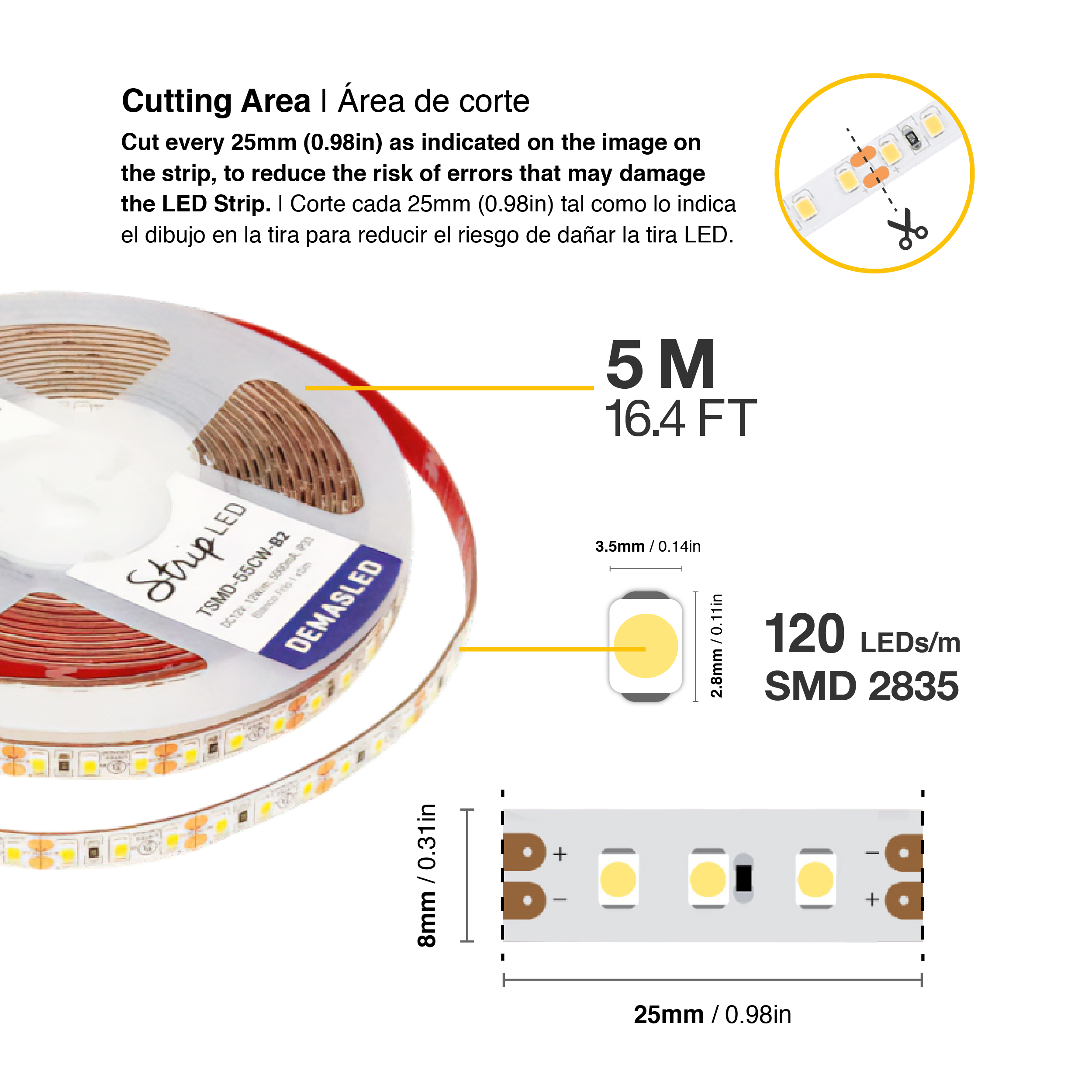 Tira LED SMD2835 12V 12W/m, Frío 1200lm/m 120 LEDs/m, 8mm PBC, 5m
