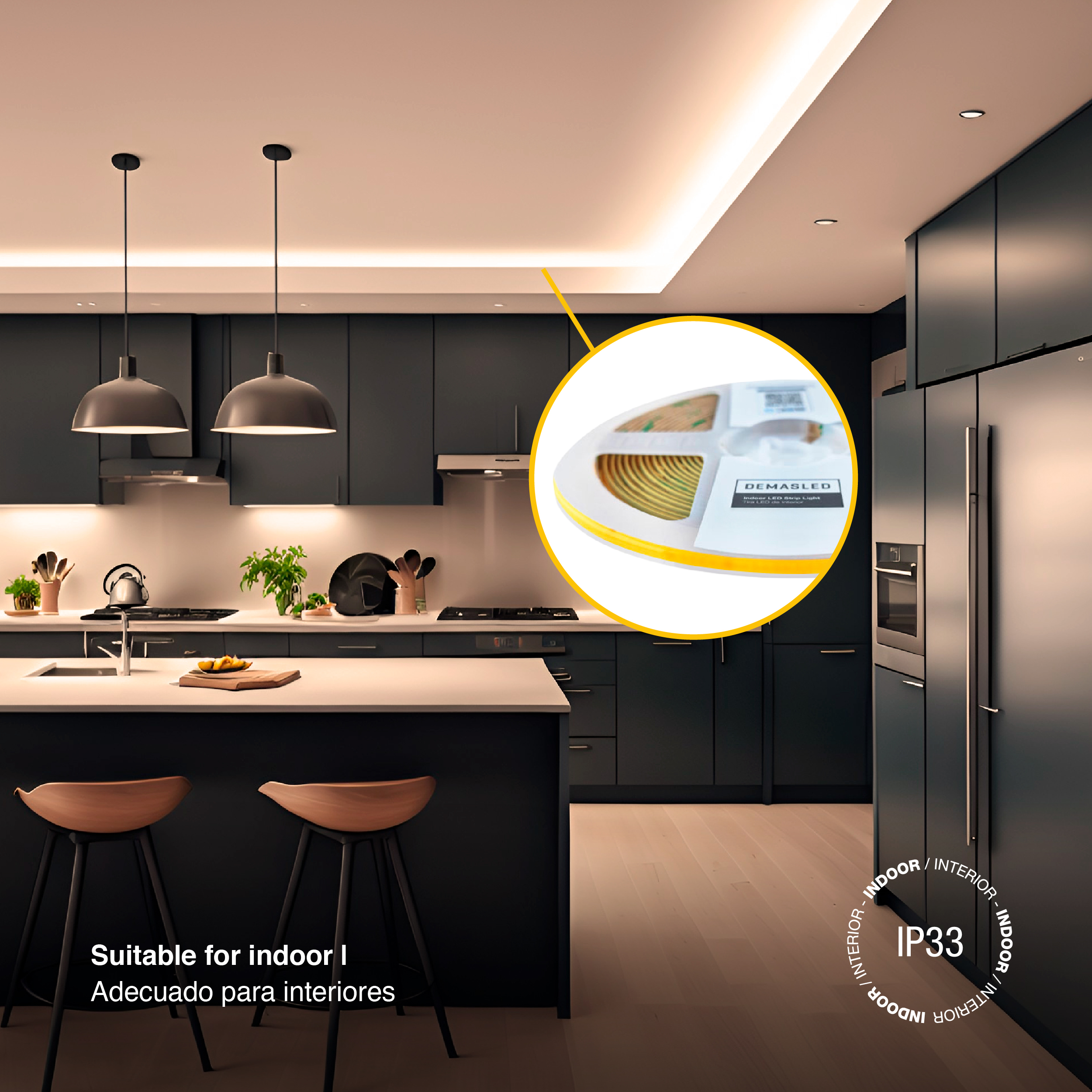 Tira LED COB 24V 4W/m Blanco Cálido 360lm/m 504LEDs/m, 3mm PCB IP33 x 5m