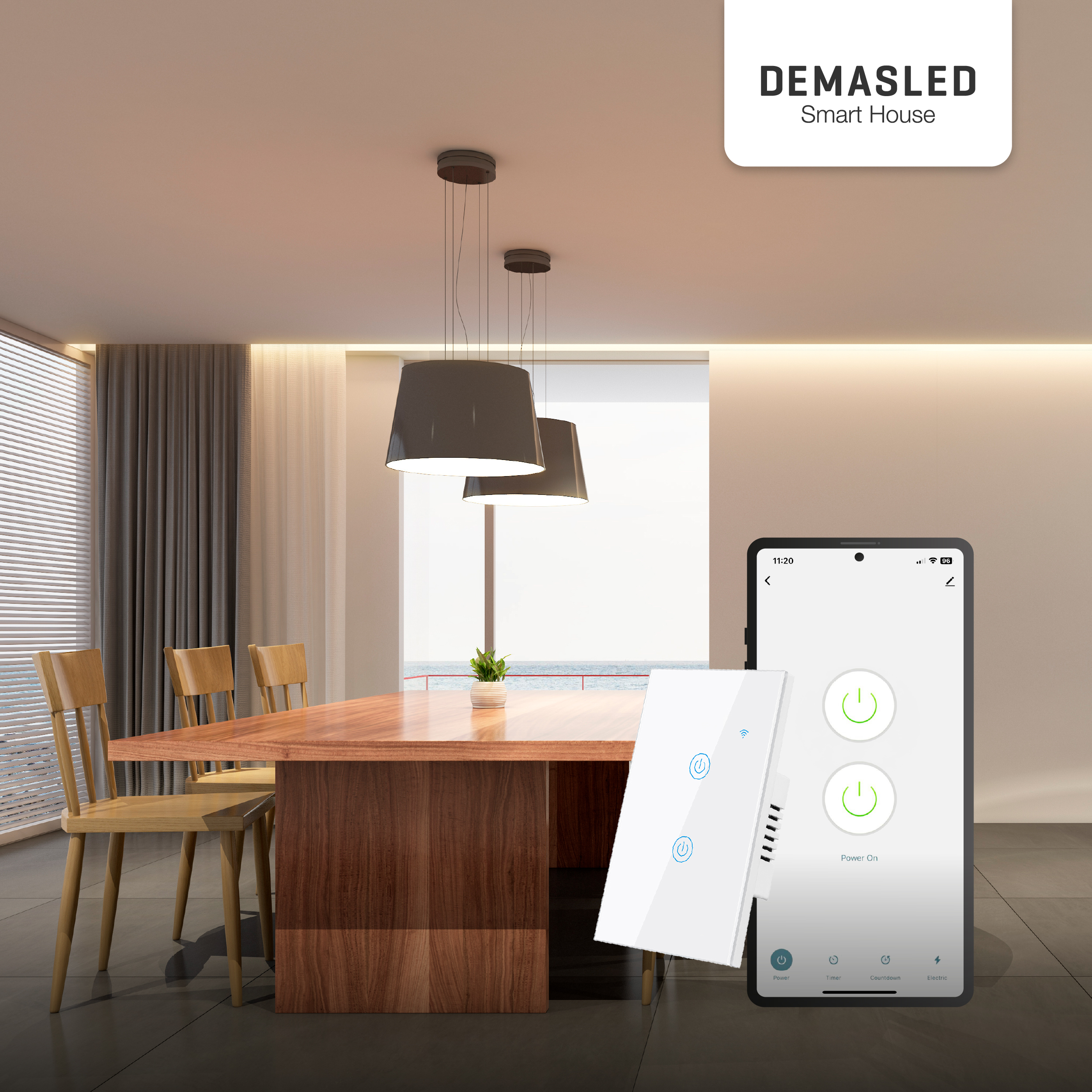 Tecla Smart de Pared Táctil 2 Canales 600W Blanco