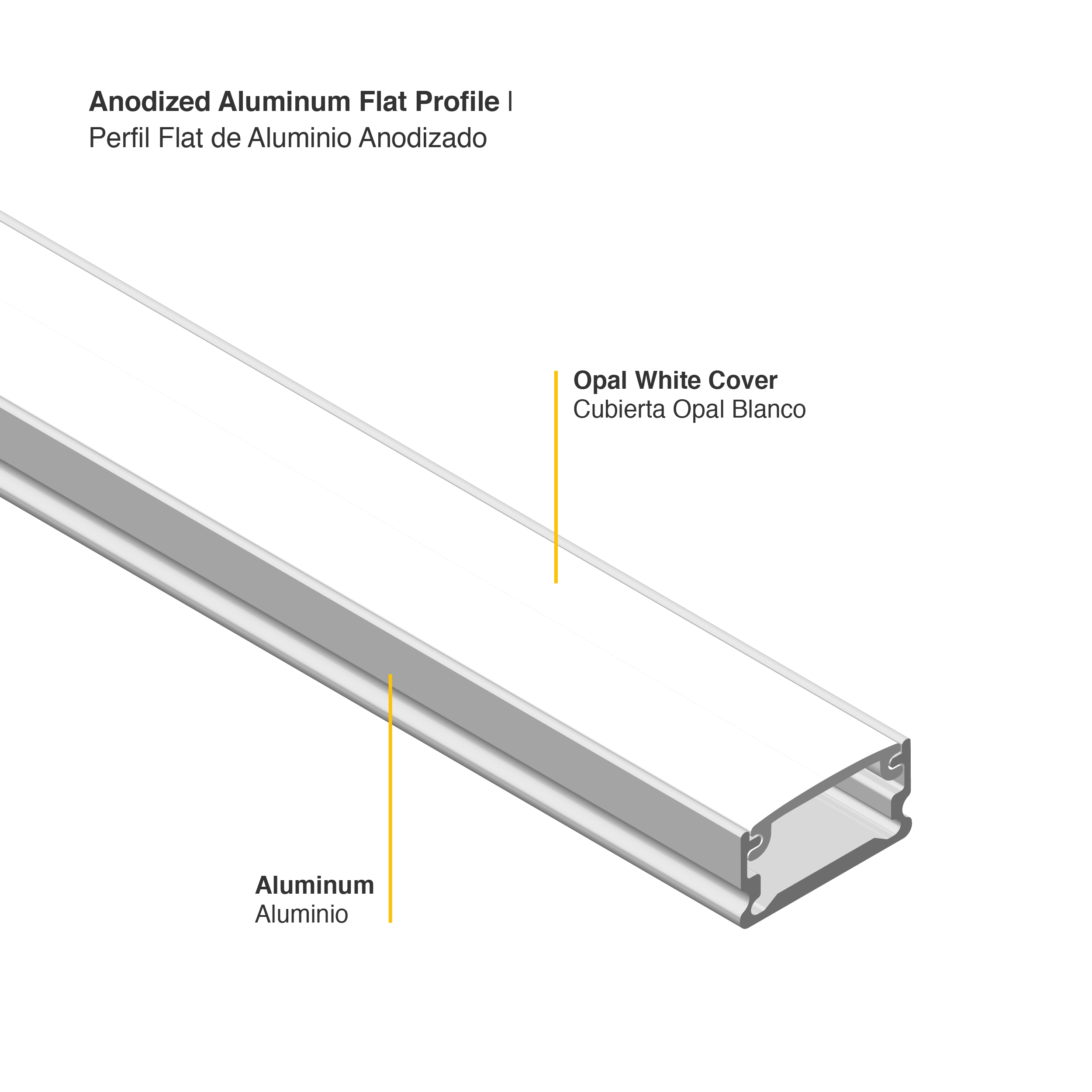Perfil de Aluminio Flat 13x7mm Anodizado, Cover Opal Blanco x2,5m