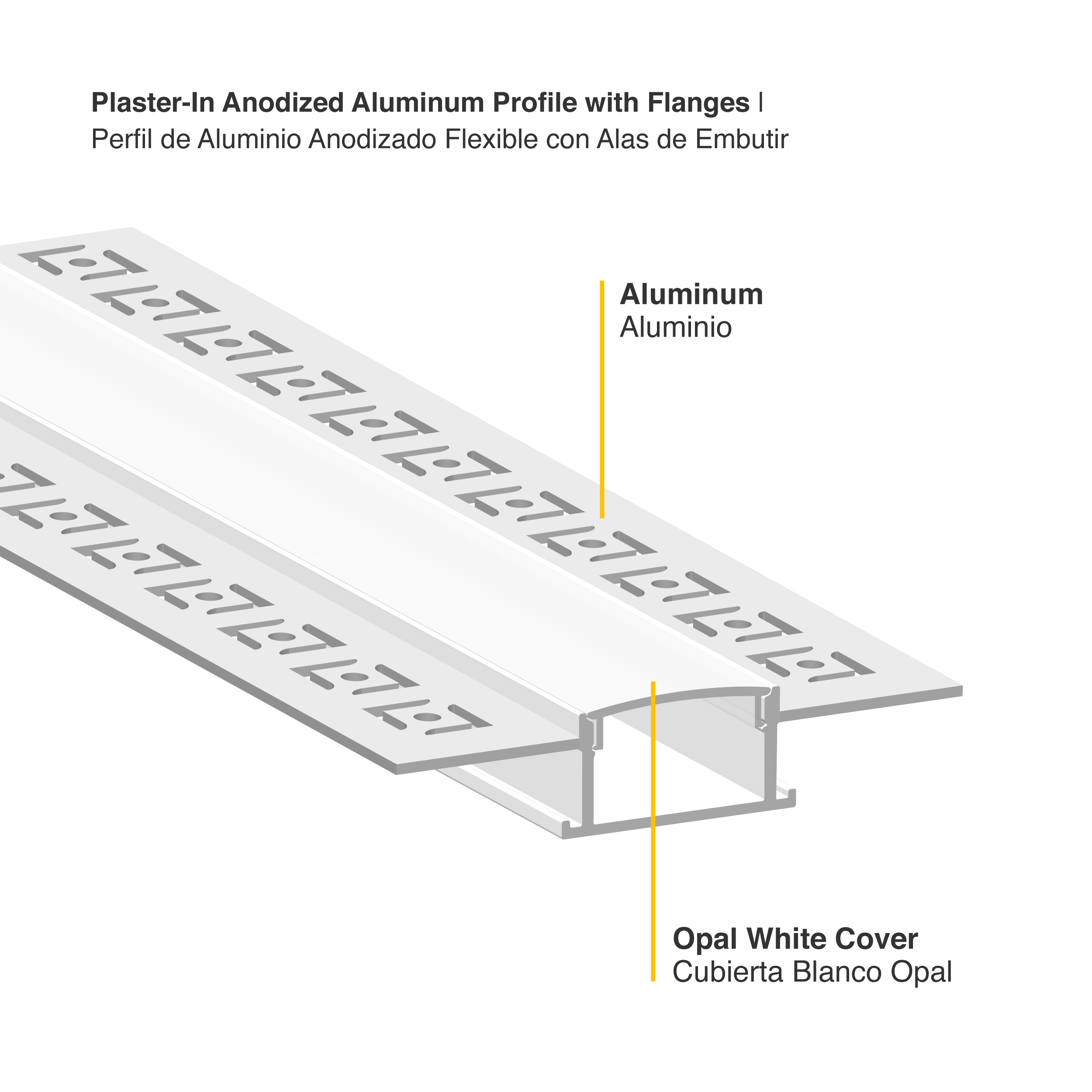 Perfil de Aluminio de Embutir 61x14mm Anodizado, Cover Opal Blanco x2,5m
