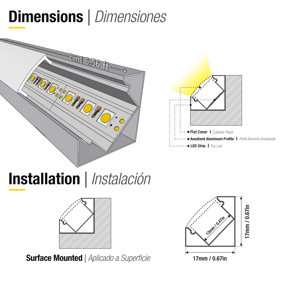Perfil de Aluminio Esquinero 18x18mm Anodizado, Cover Opal Blanco Diagonal x2m