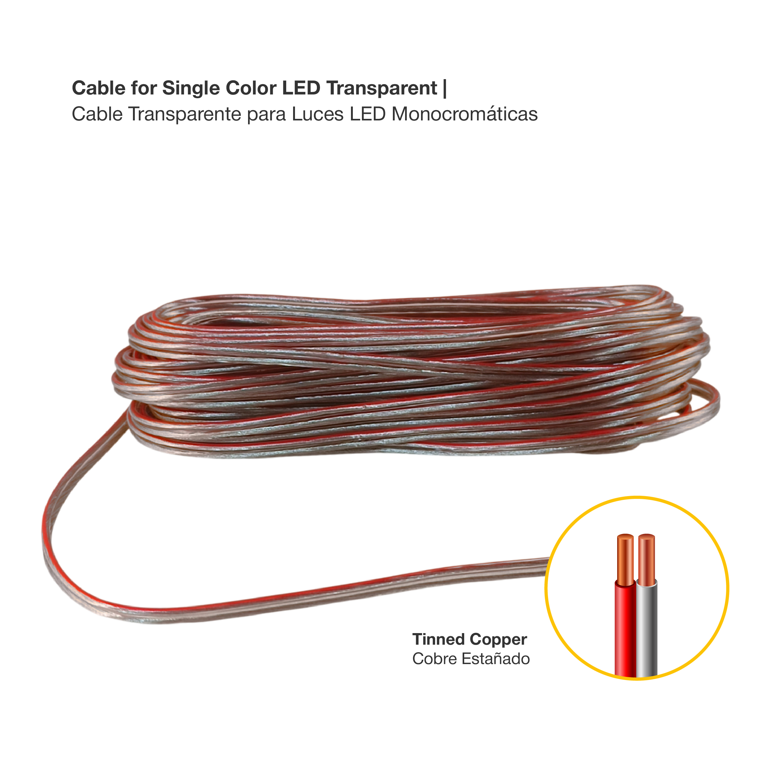 Cable 18 AWG para LED Monocromático, Transparente, 50m, 48V Máx. 