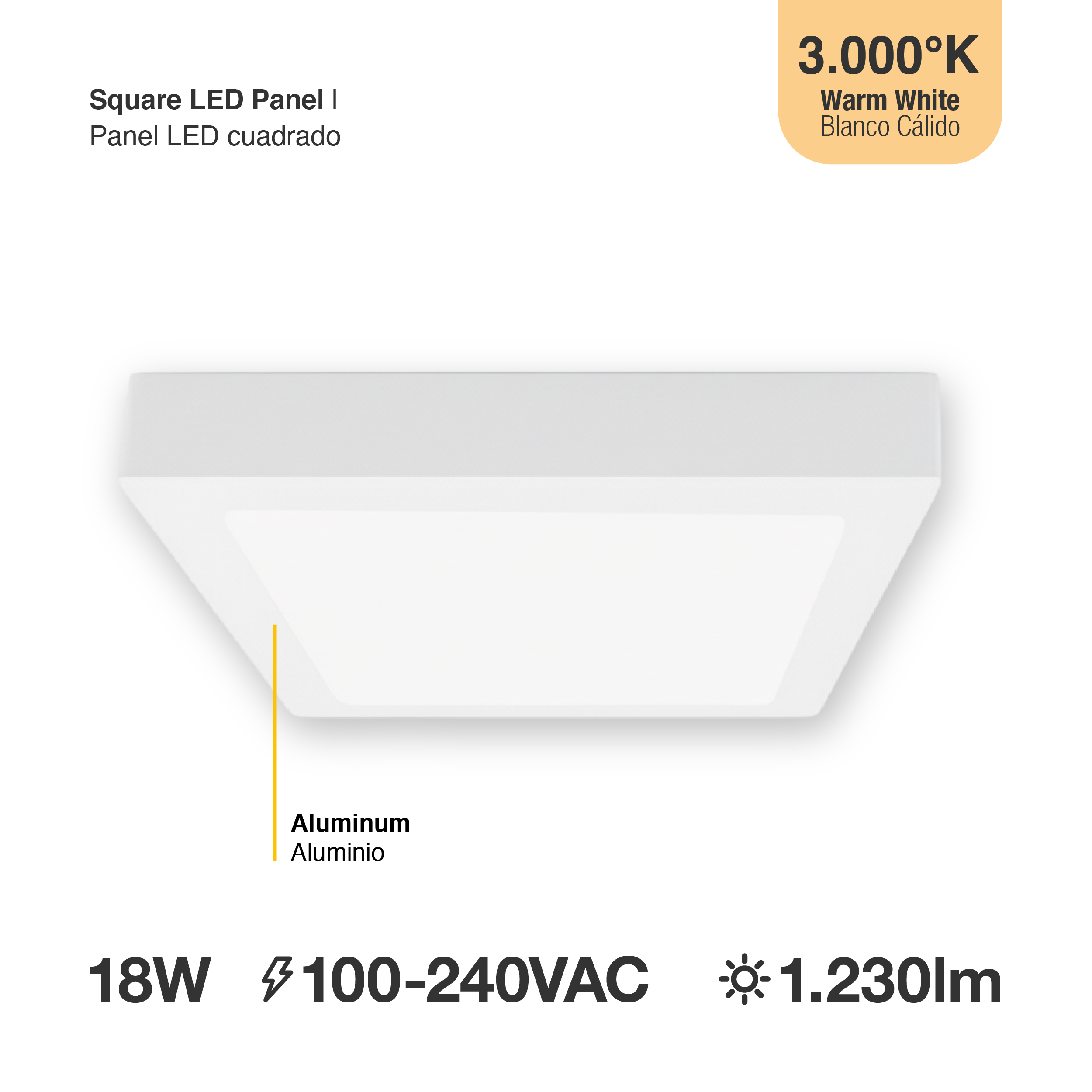 Plafón LED cuadrado blanco de 21,3x21,3cm, 18W 1230lm Cálido, aplicar