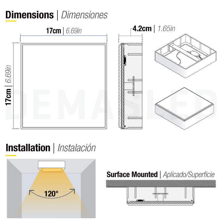 Plafón LED Cuadrado FRAMELESS de 17x17cm 22W 1870lm Blanco Cálido, De Aplicar