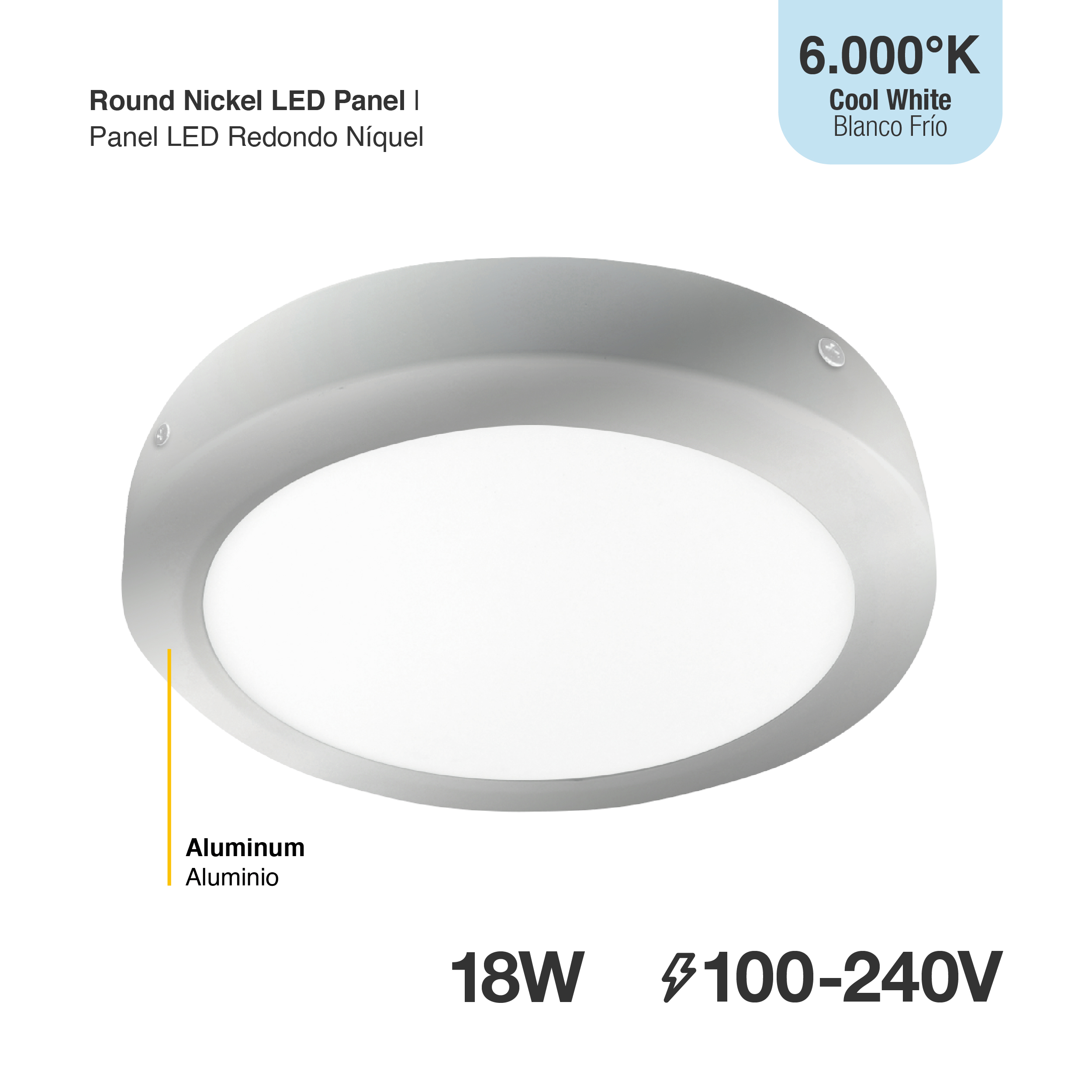Plafón LED redondo níquel de 22cm, 18W 1230lm blanco Frío, aplicar