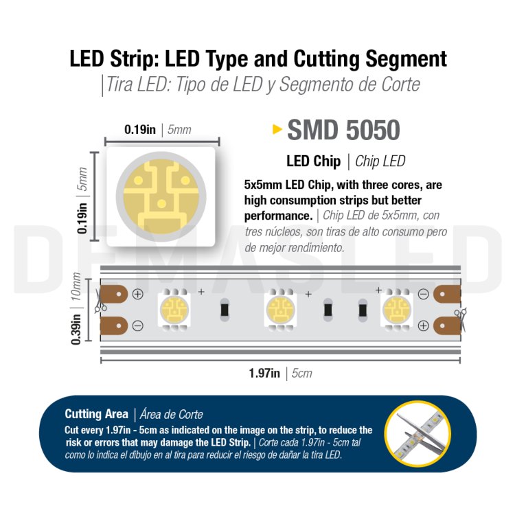 Tira LED SMD5050, IP68, 12V 12W/m, Cálido 1080 lm/m, 60 LED/m, 5m