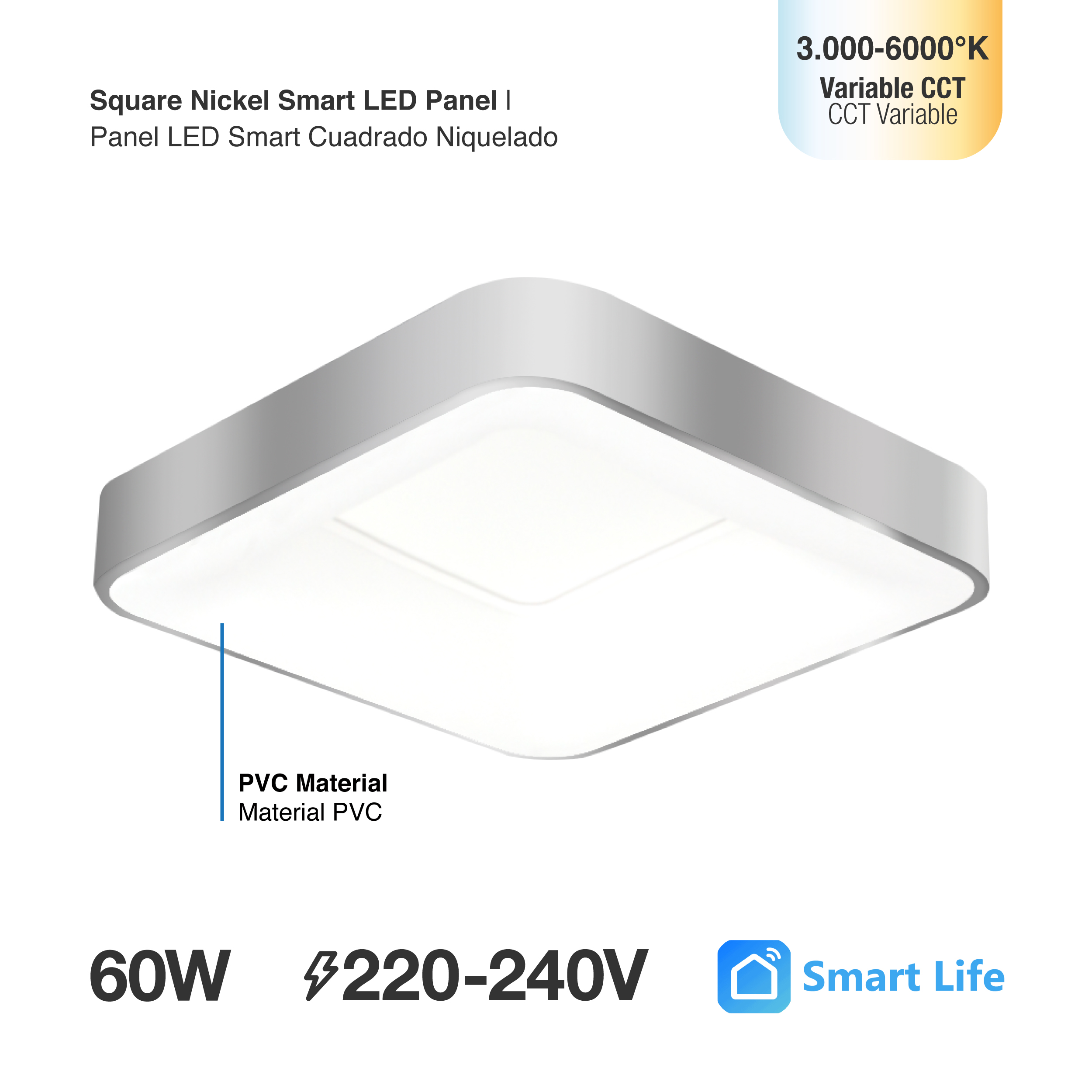 Panel LED Smart Cuadrado Níquel 60x60x9cm 60W 270mA CCT, de Aplicar