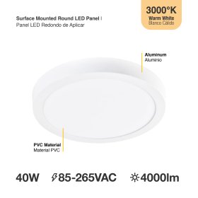 Panel LED Redondo 60cm, 40W, blanco Cálido, Aplicar