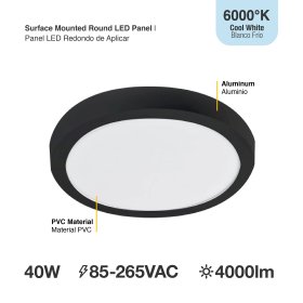 Panel Negro BACKLIGHT LED Redondo 60cm, 40W, blanco Frío, Aplicar